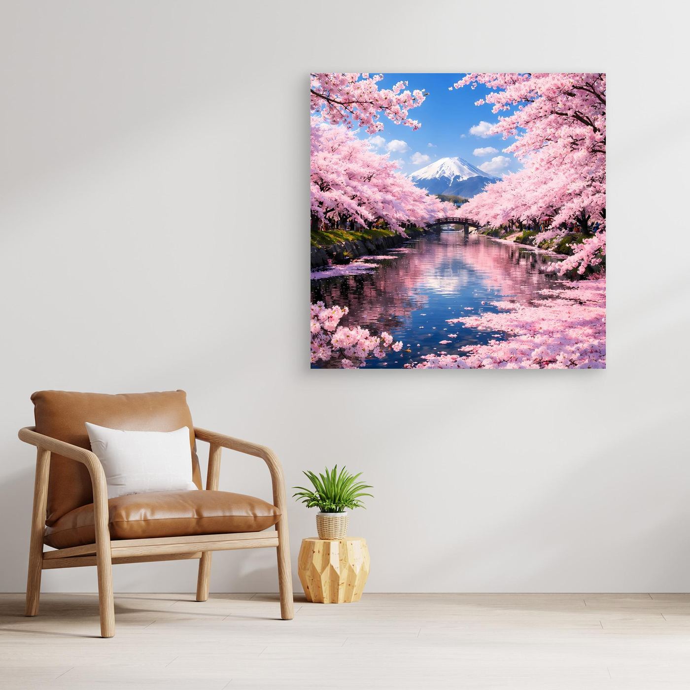Leinwandbild mit Sakura-Blüten und Berg Fuji über ruhigem Gewässer, rosa Blautöne
