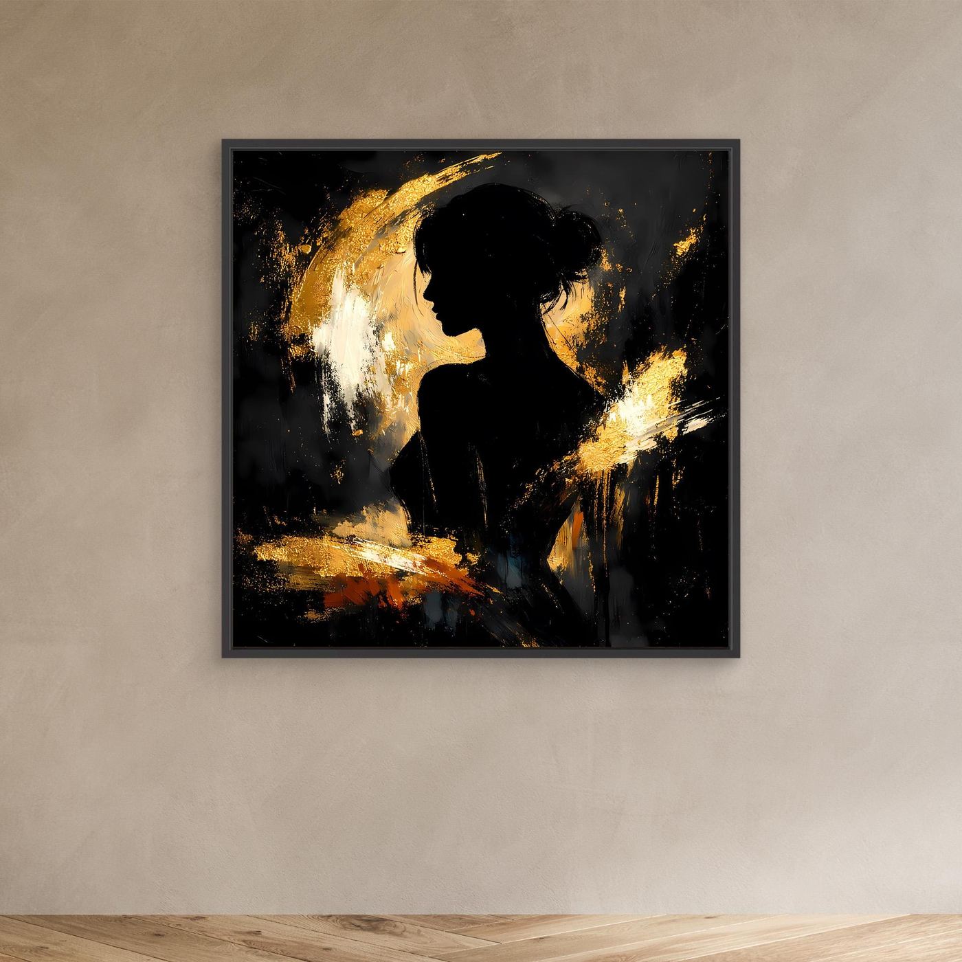 Leinwand Elegante Silhouette in Gold und Schwarz | Modernes Abstraktes Frauen Portrait Wandbild