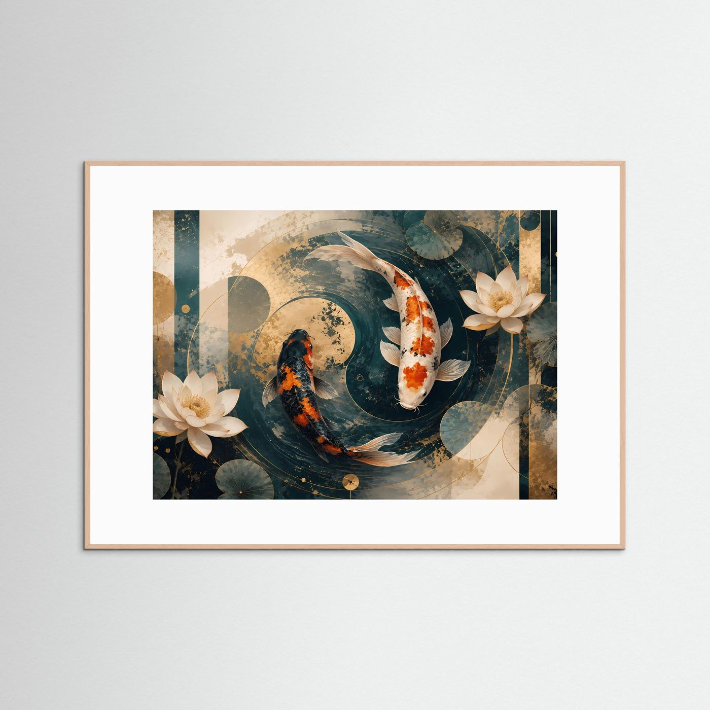 Koi Poster Querformat | Japanische Koi-Fische mit Lotusblüten in Petrol, Creme & Gold | Elegantes asiatisches Wandbild mit abstrakter Wasserlandschaft