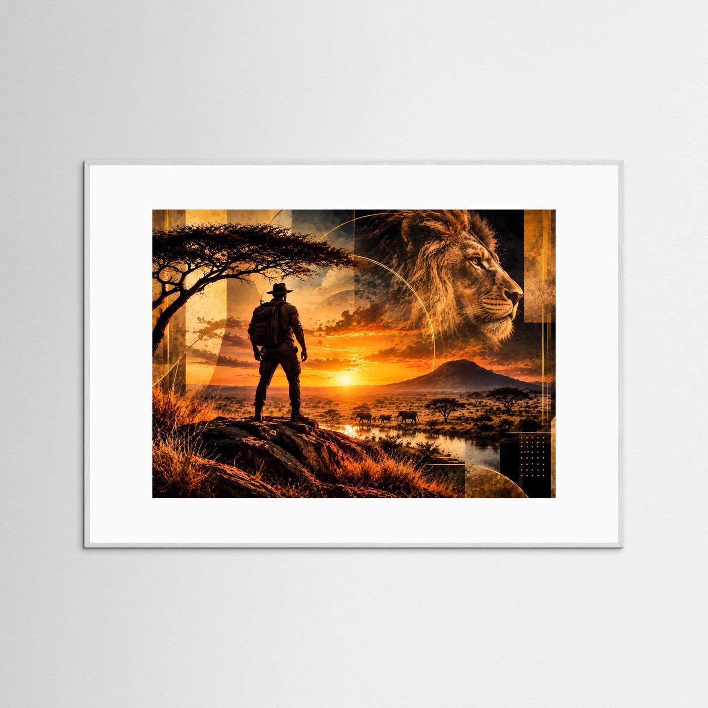 Gerahmtes Poster im Querformat mit Ranger-Silhouette und Löwenkopf bei Sonnenuntergang, weißer Rahmen