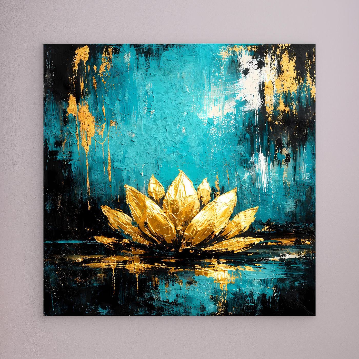 Leinwand-Wandbild mit abstrakter Lotusblüte in Türkis und Gold, ohne sichtbaren Rahmen