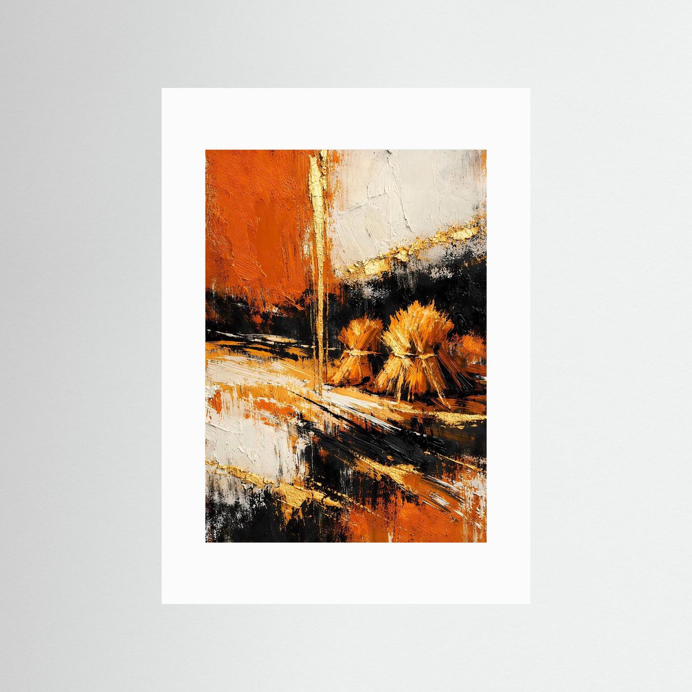 Abstraktes Kornfeld-Poster mit Passepartout, orange, terrakotta, schwarz und goldfarben, Hochformat