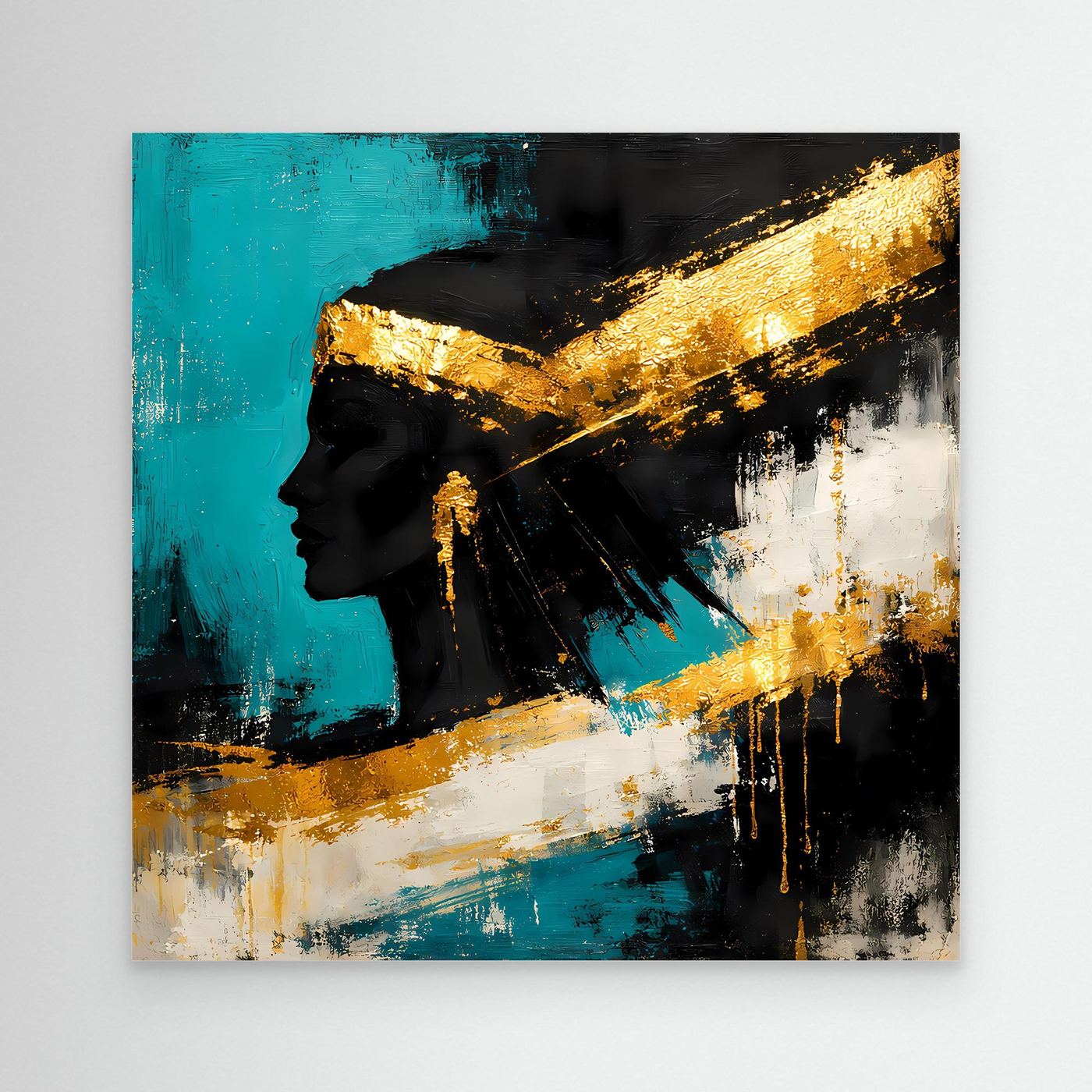 Abstraktes Leinwand-Wandbild mit Frauensilhouette in Schwarz, Türkis und goldenen Pinselstrichen