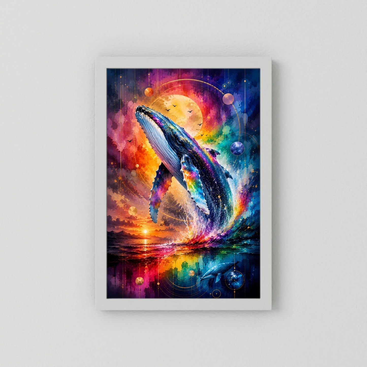 Hochformat-Poster mit Regenbogenwal im Galaxie-Motiv, weißer Schattenrahmen