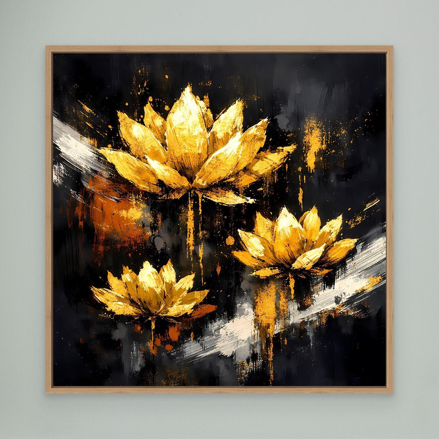 Leinwand Edle Lotusblüten in Gold und Schwarz | Modernes Florales Luxus Wandbild