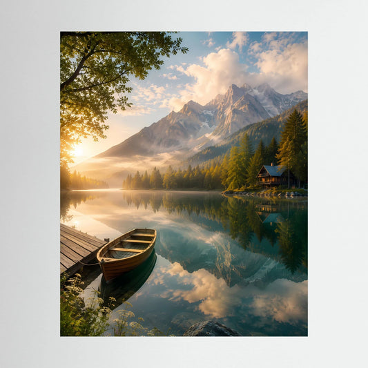 Hochformat-Kunstposter: Holzboot am Bergsee, Alpenlandschaft mit Berghütte im Licht.
