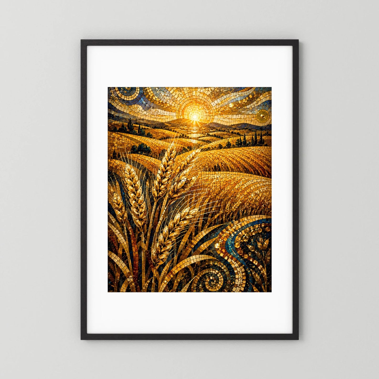 Hochformatiges Poster mit goldenem Weizenfeld im Mosaikstil, schwarzer Rahmen