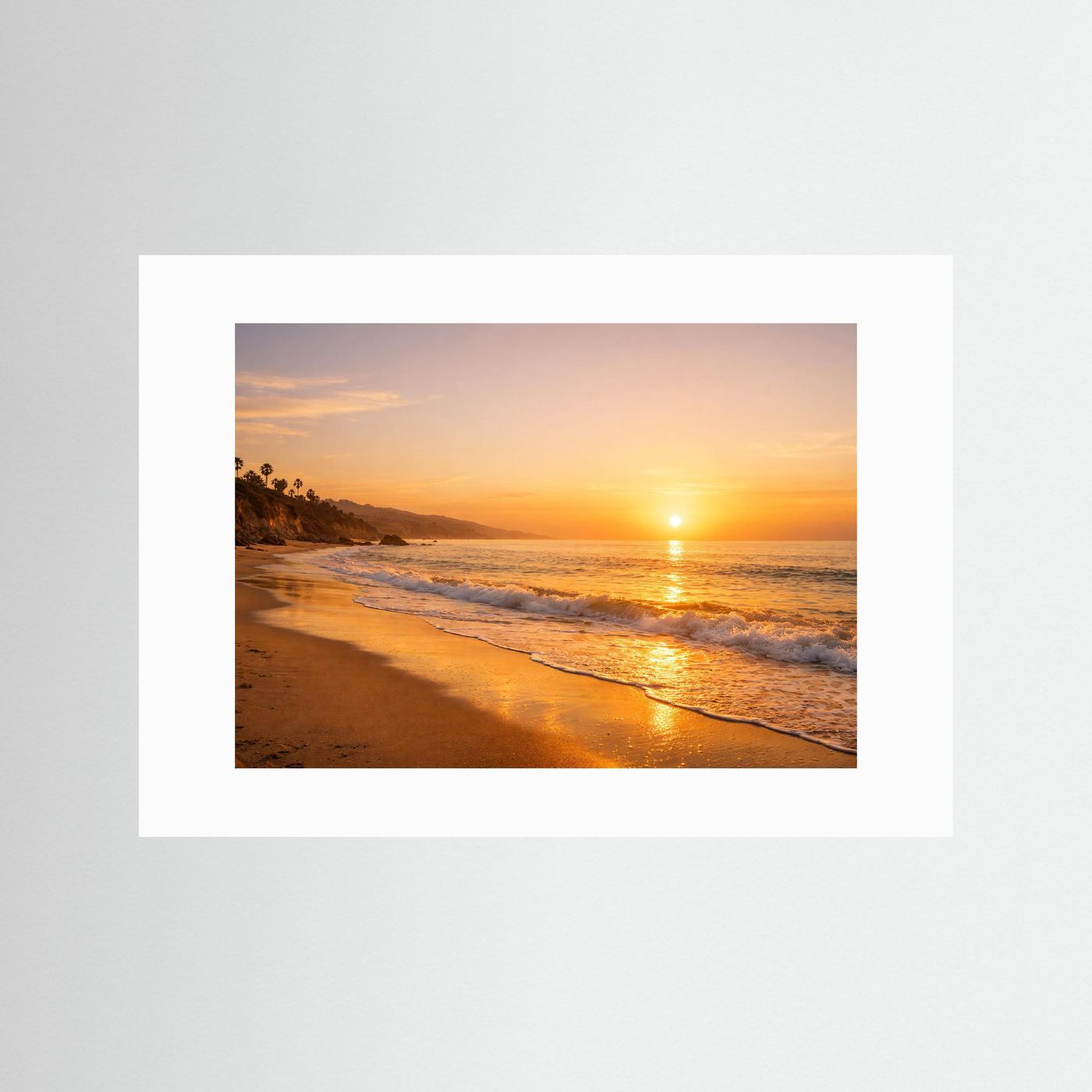 Naturposter Panorama mit weißem Passepartout: Strand bei Sonnenuntergang am Meer