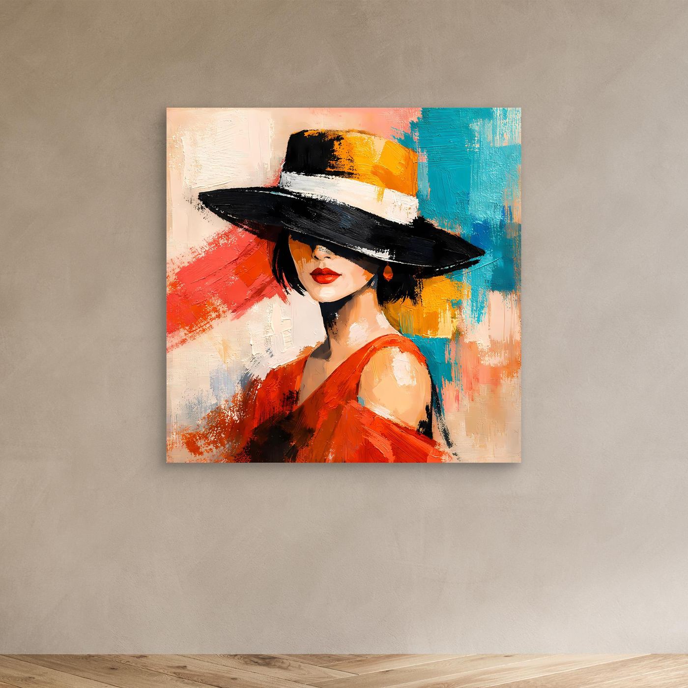 Canvas wall art of a woman in a red dress and black hat with colorful abstract brushwork