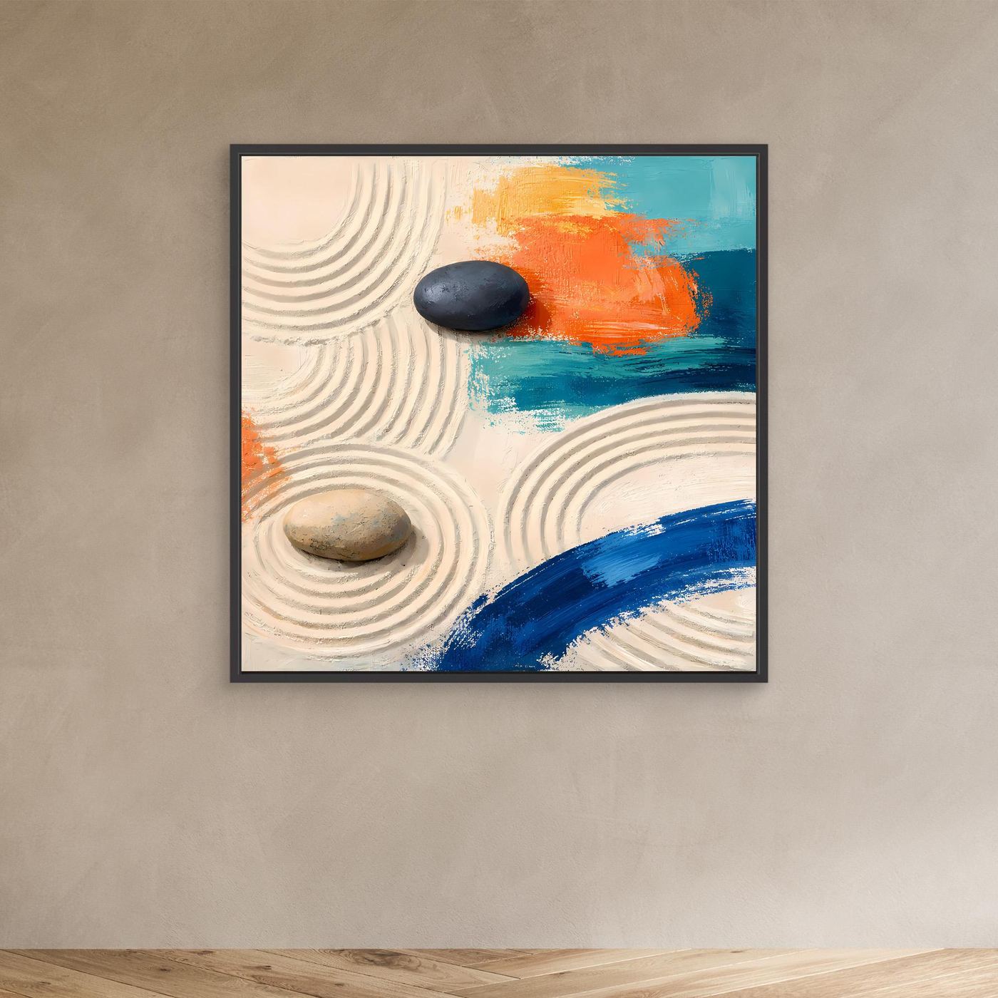 Leinwand Moderner Zen-Garten mit Steinen | Abstraktes Wandbild auf echter Leinwand