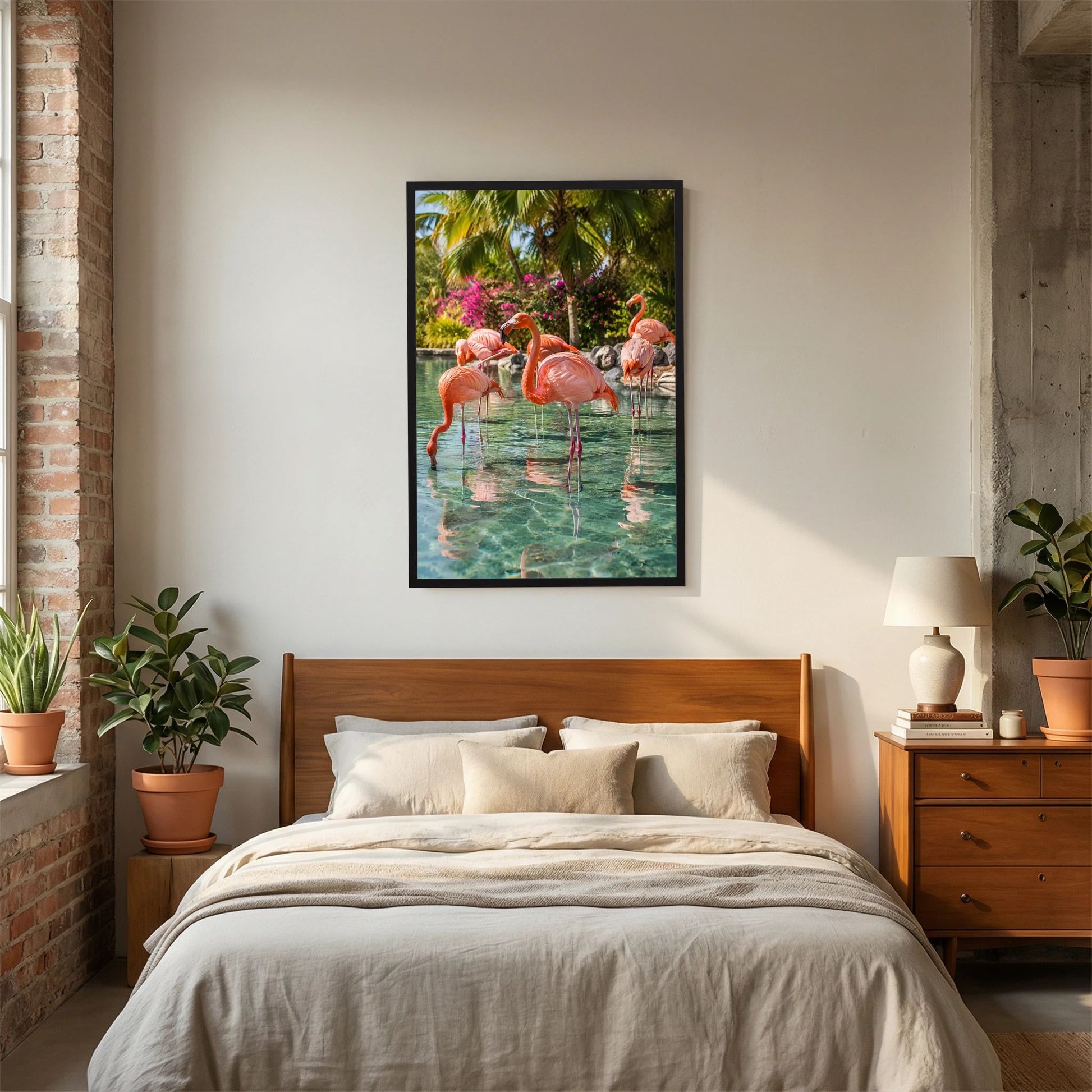 Poster im Hochformat mit rosa Flamingos im tropischen See, im schwarzen Rahmen