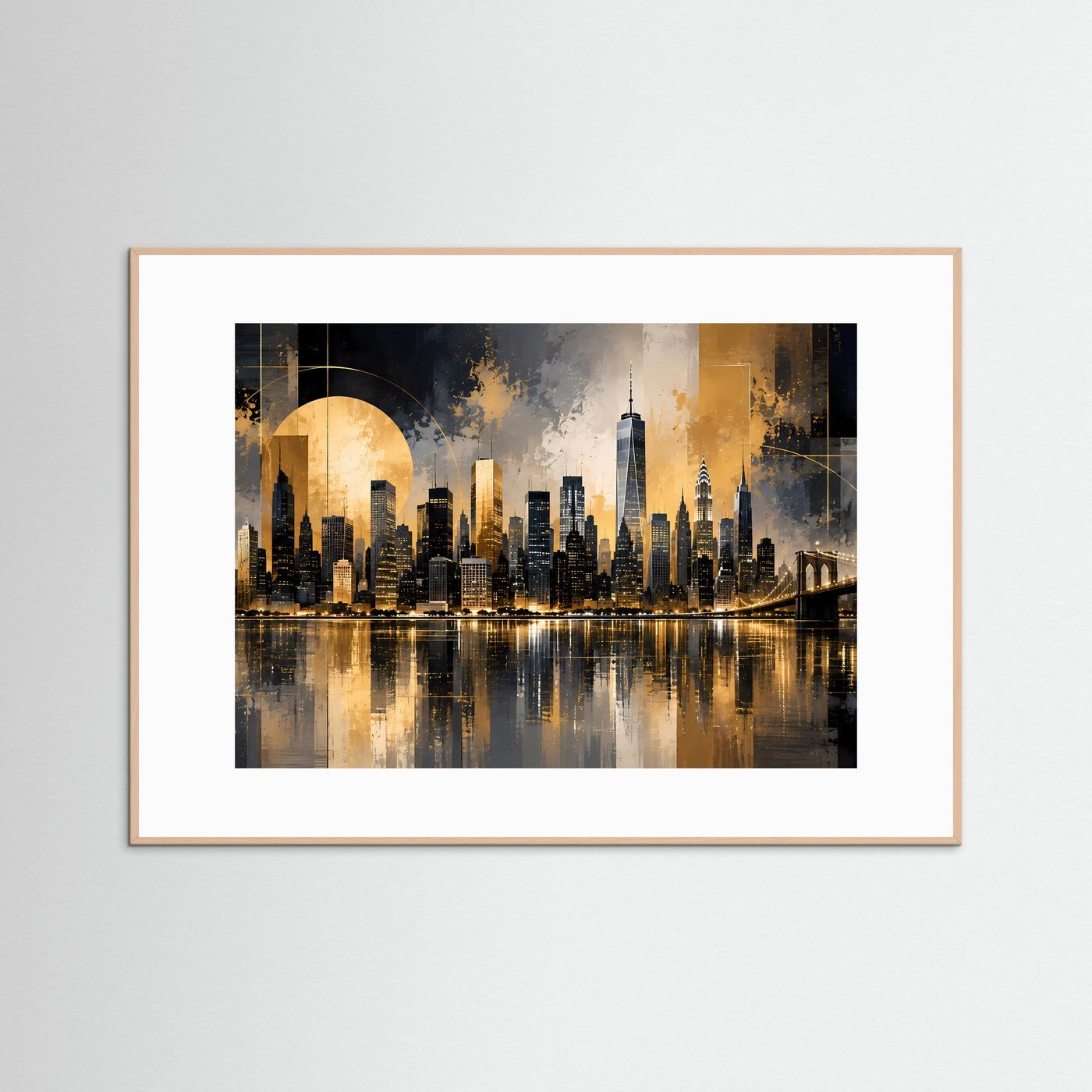 Wandposter im Querformat mit New-York-Skyline in Schwarz und Gold, heller Holzrahmen