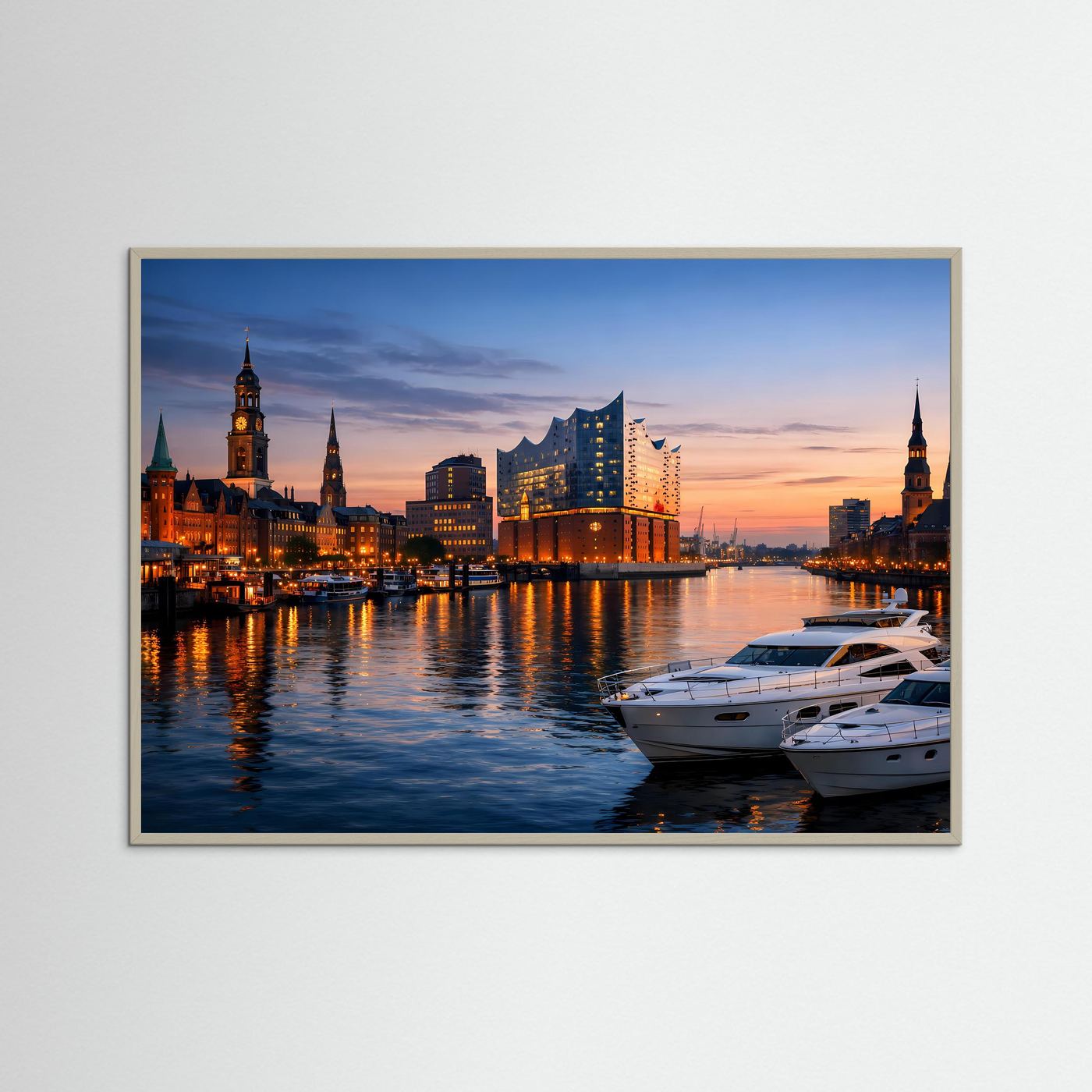 Hamburg-Stadtpanorama-Poster mit Elbphilharmonie bei Dämmerung, blauer Rahmen, Querformat