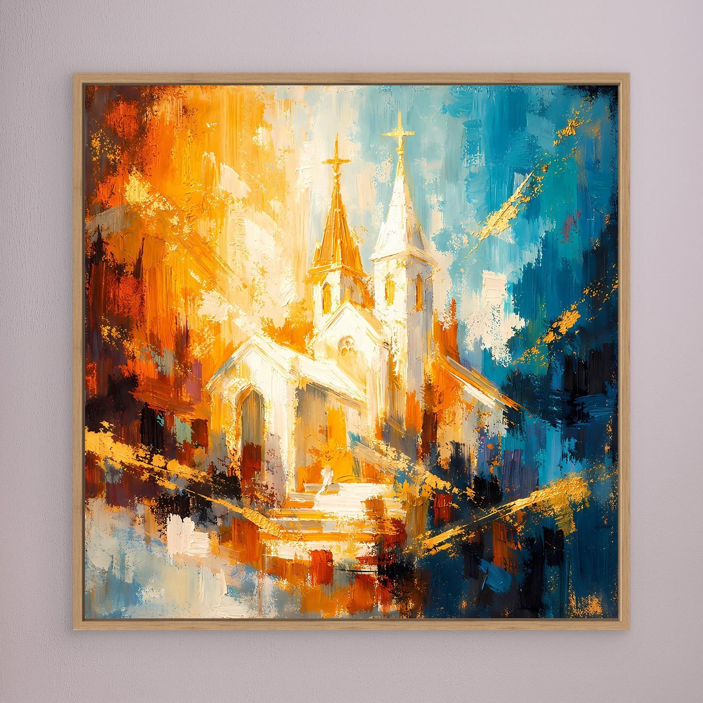 Leinwandbild mit abstrakter Kirche, Holzrahmen, warmes Orange und kühles Blau