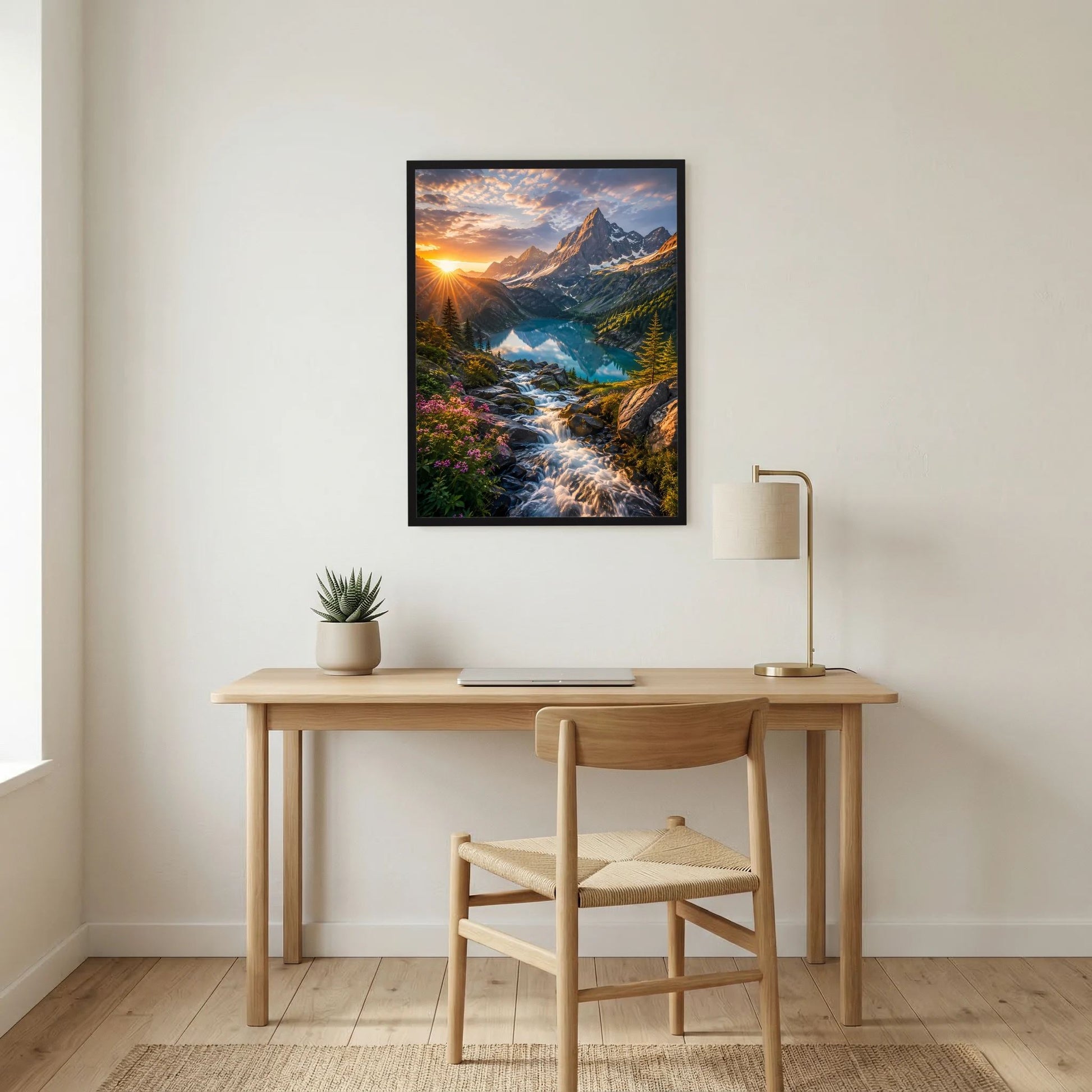 Wandposter im Hochformat: Berglandschaft mit Wasserlauf, türkisfarbenem See und Sonnenlicht