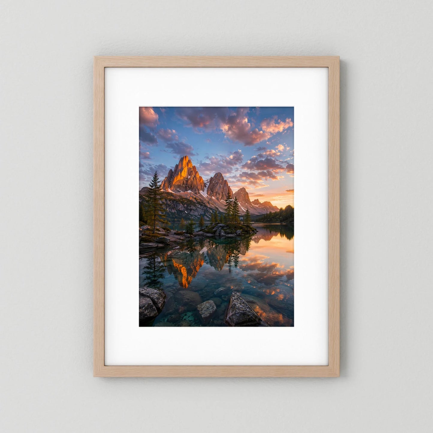 Bergsee im Sonnenuntergang | Leuchtende Berglandschaft mit Spiegelung | Poster Hochformat