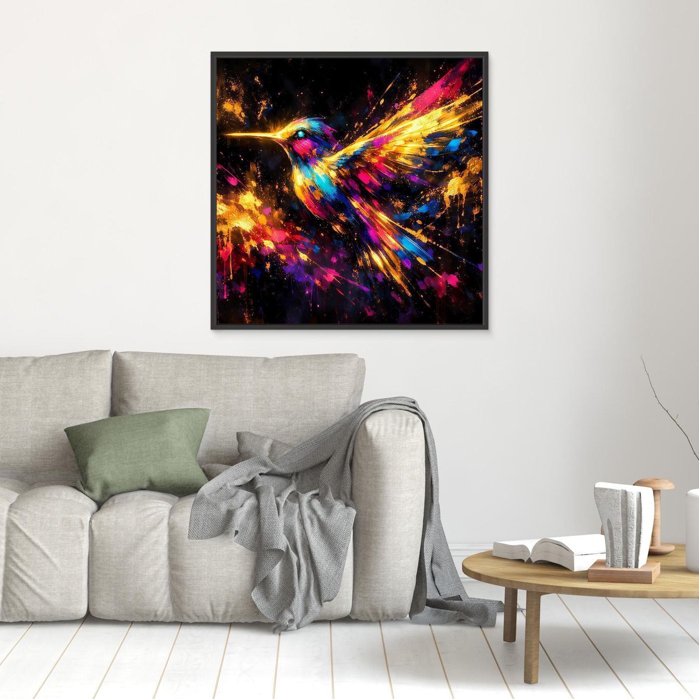 Leinwand Farbenfroher Kolibri im Flug | Abstraktes Modernes Wandbild Bunt