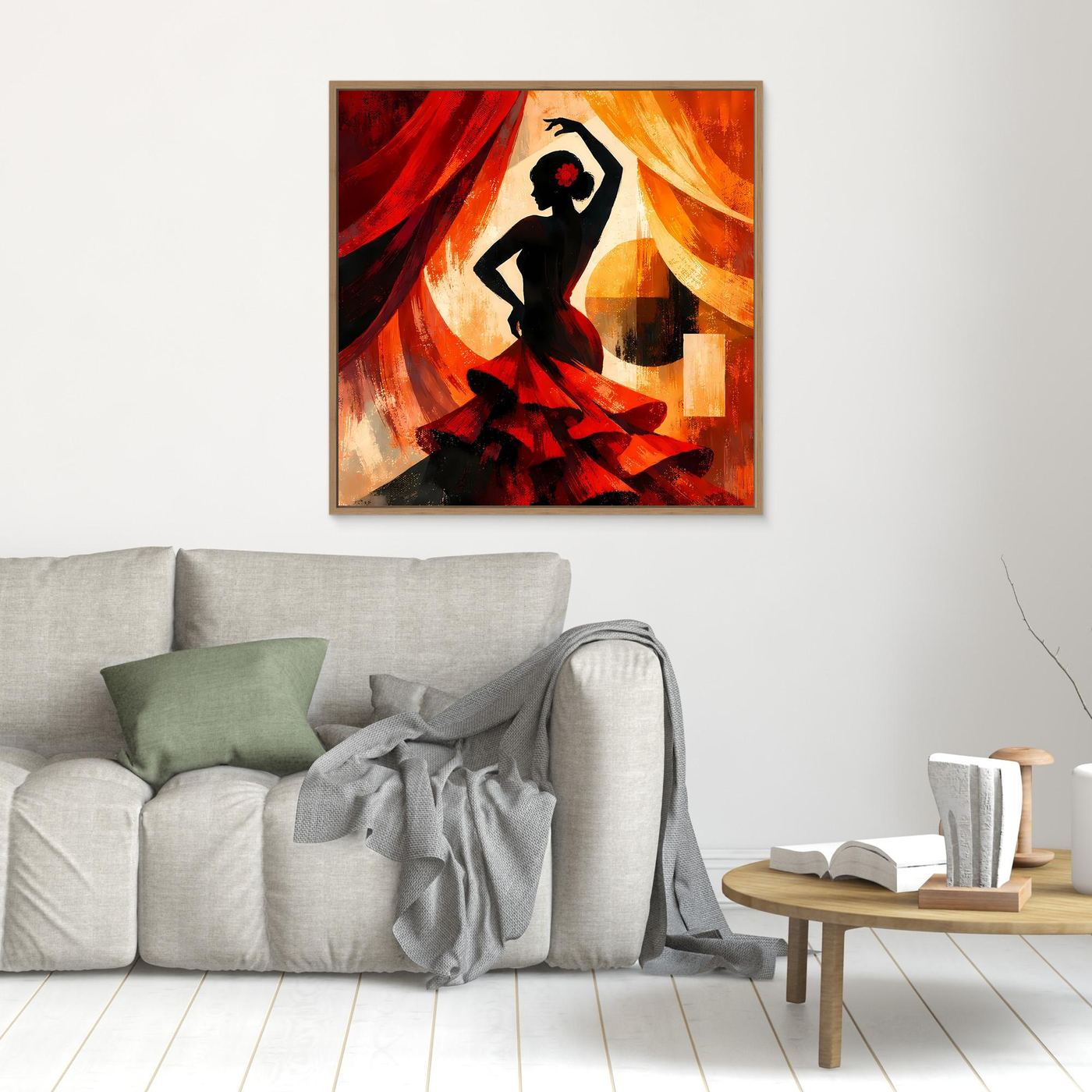 Kleines Leinwandbild im braunen Rahmen: schwarze Flamenco-Figur mit roter Blume und Rot/Orange