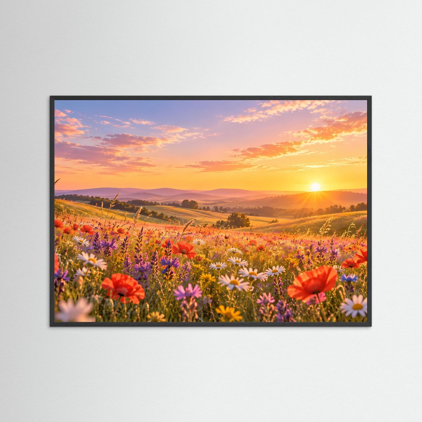 Landschaftsbild gerahmt in Schwarz mit Mohn- und Wildblumen, Sonne am Sonnenuntergang