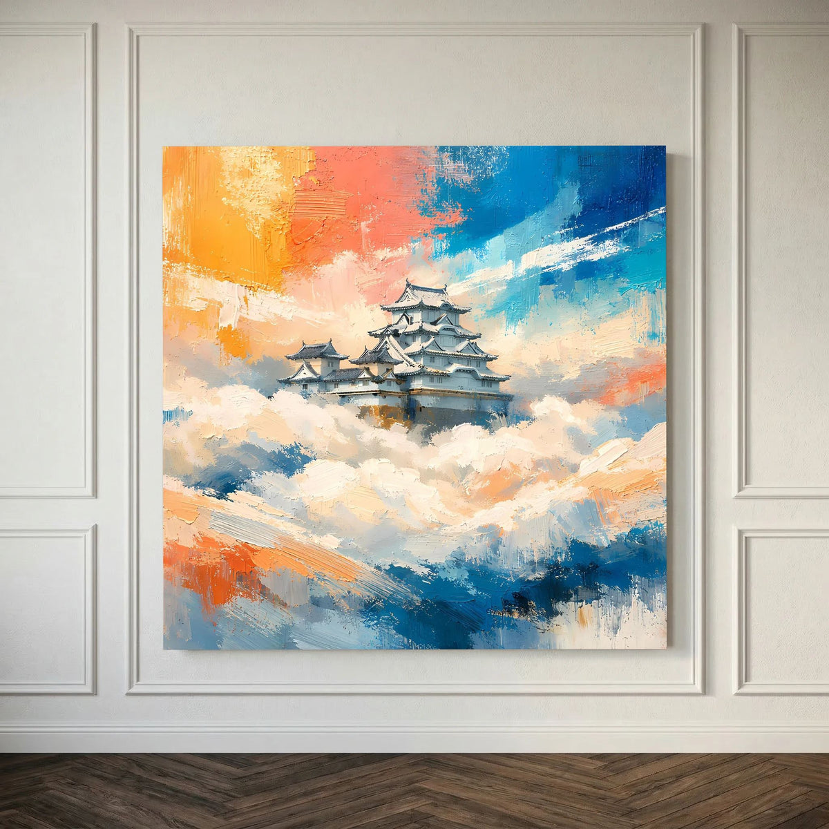 Leinwand-Wandbild mit japanischer Burg in Wolken, dargestellt in bunten Himmelsschichten