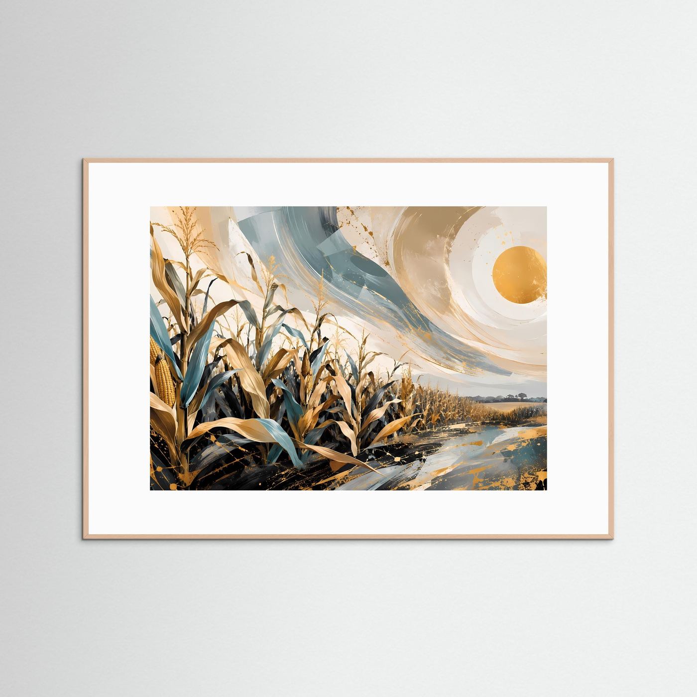 Maisfeld Poster | Abstrakte Landschaft Wandbild | Gold Blau Naturkunst | Modernes Feld Panorama | Eleganter Kunstdruck