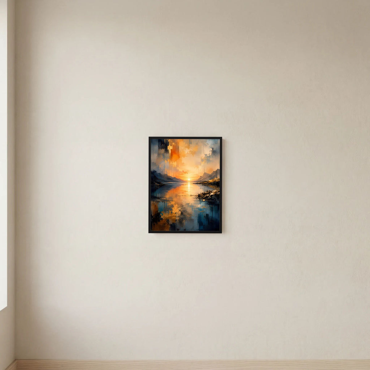 Gerahmtes Poster im Hochformat mit abstraktem See und Bergen, orange Licht am Horizont