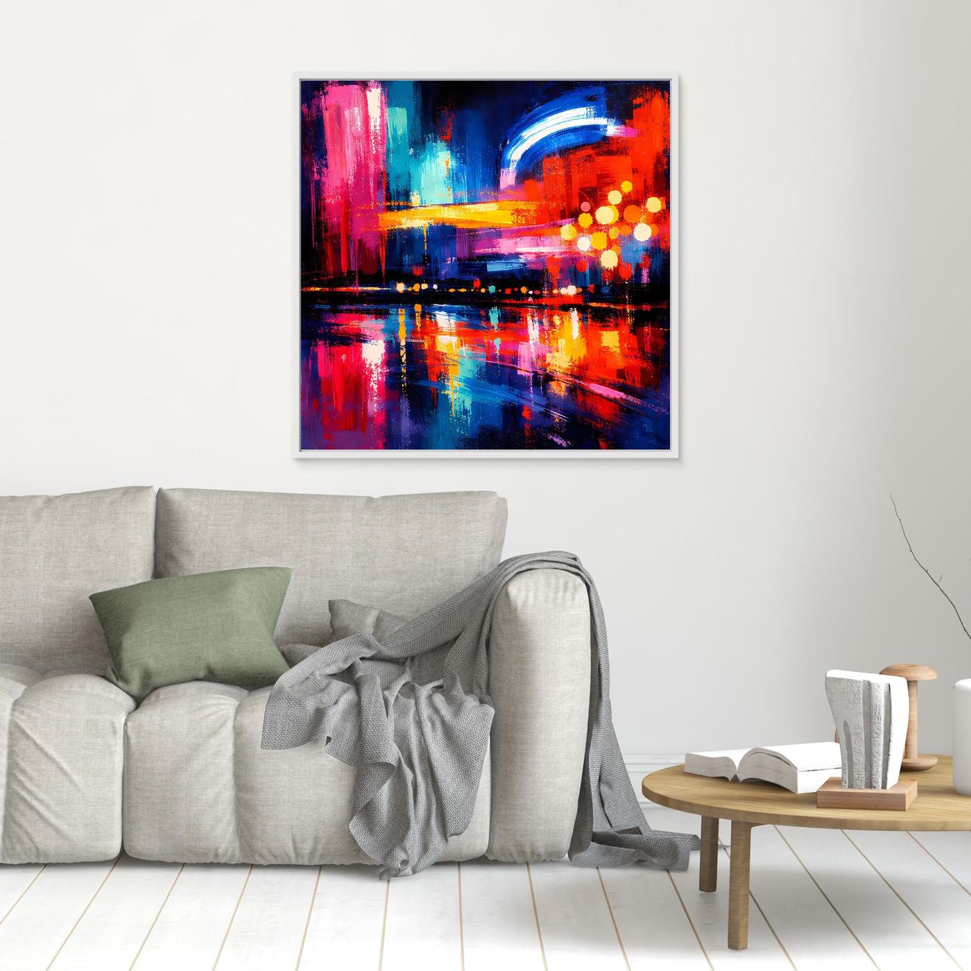 Abstraktes Leinwandbild mit Stadt-Skyline, Reflexionen in Blau und Rot, grau gerahmt