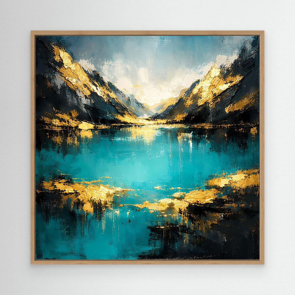 Leinwand-Wandbild mit abstrakter Bergsee-Szene in Türkis und Gold, Eichenholzrahmen
