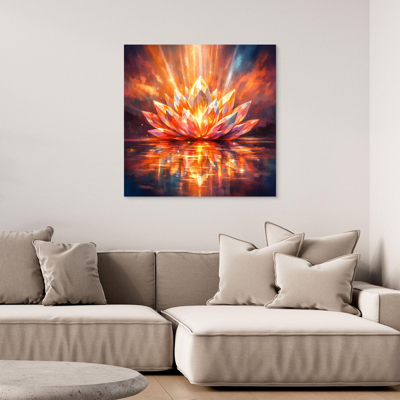 Gerahmtes Leinwandbild mit leuchtender Lotusblüte in Orange und Blau, mit schwarzem Rahmen