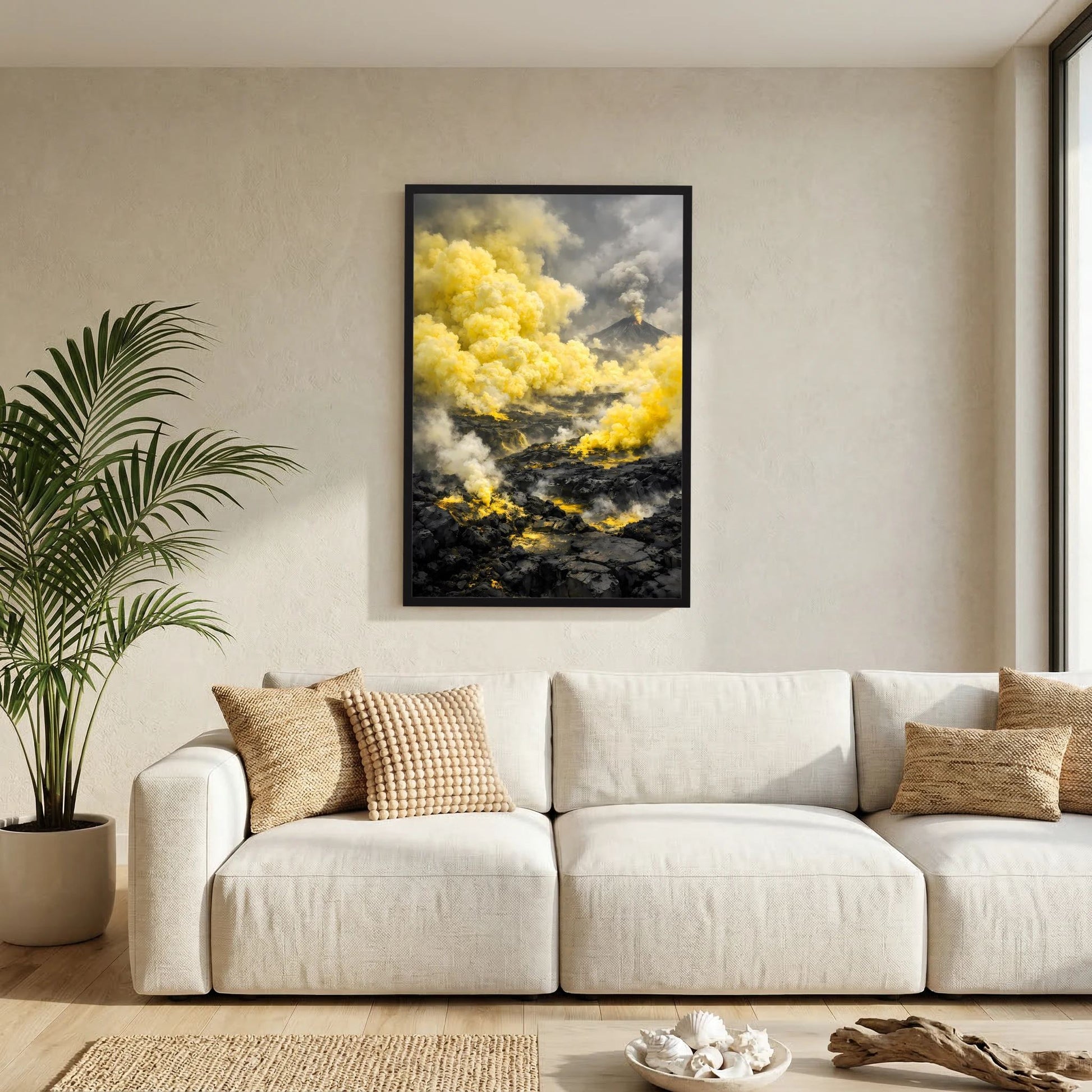 Die Kraft der Natur | Abstraktes Vulkan Poster in Gelb & Schwarz | Modernes Landschaftskunstposter Hochformat