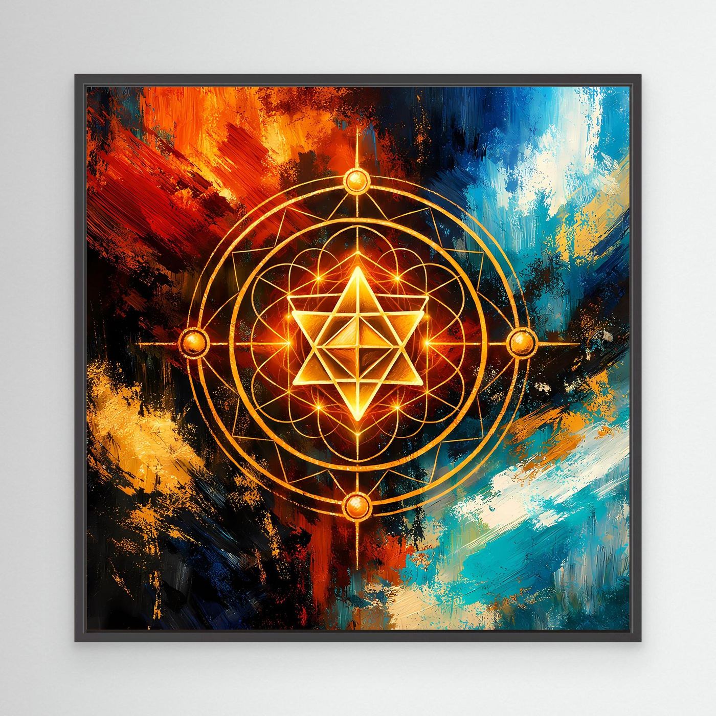 Gerahmtes Leinwandbild mit goldener Merkaba-Geometrie und leuchtendem Stern, schwarzer Rahmen
