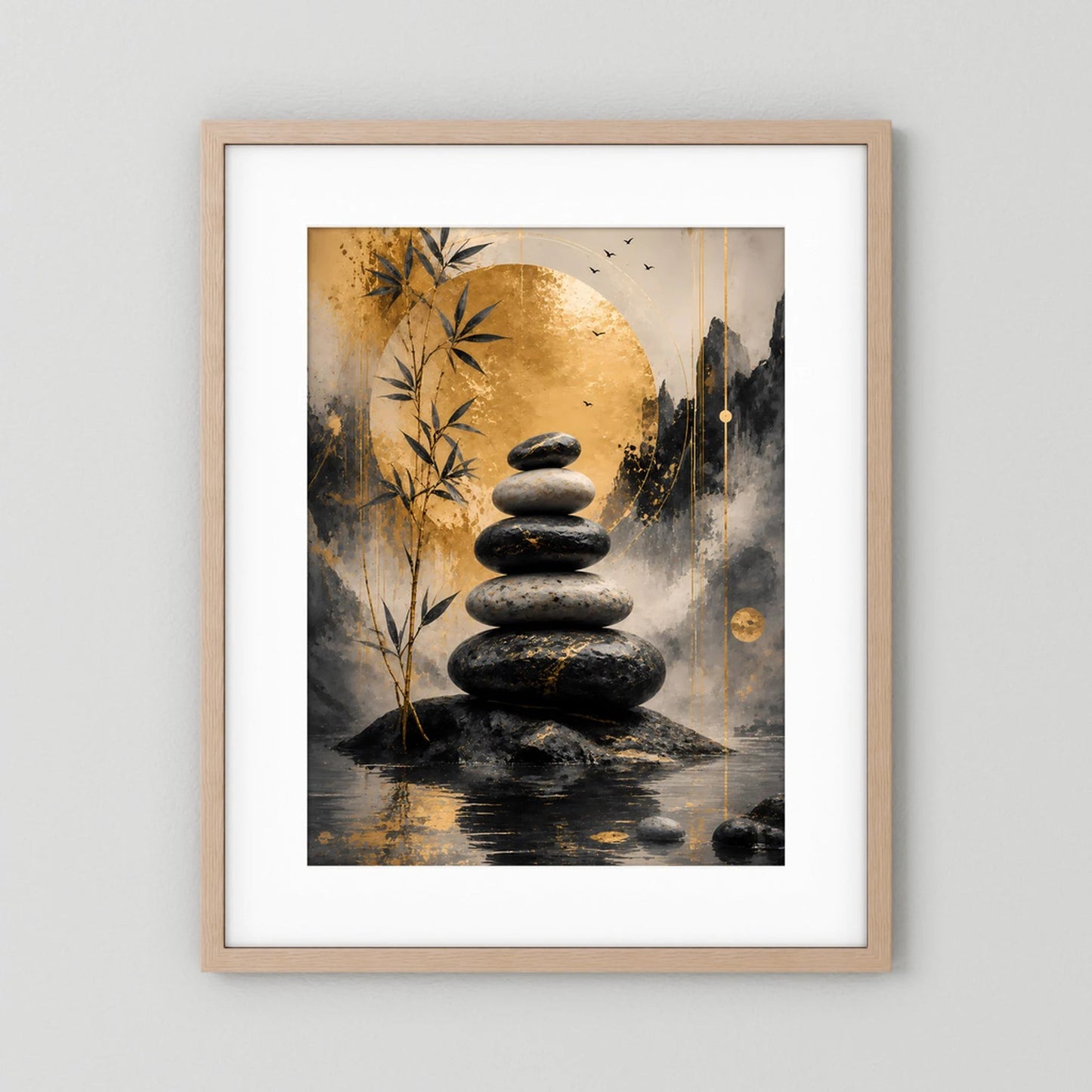 Hochformat-Poster im naturfarbenen Holzrahmen: Bambus, goldener Kreis und Steinsäule