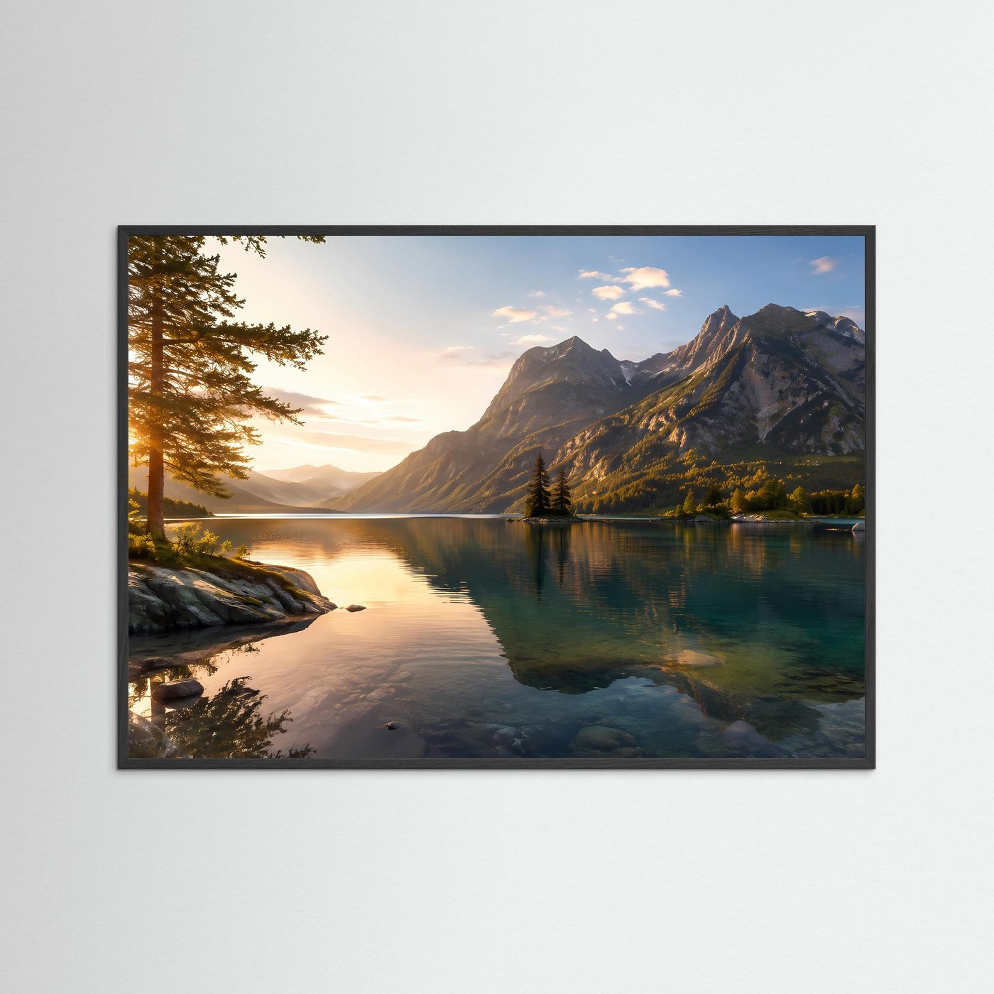 Bergsee Poster Querformat | Majestätische Berge im goldenen Sonnenlicht