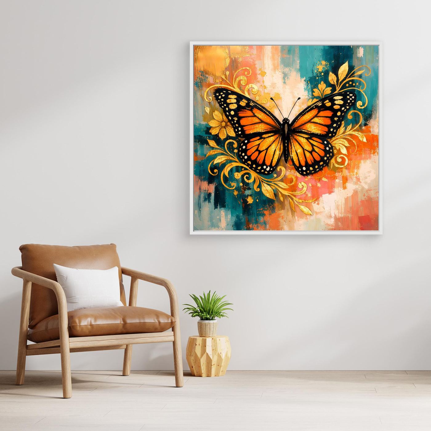 Leinwand-Wandbild mit Monarchfalter in Orange und Blau, goldfarbenen Ranken