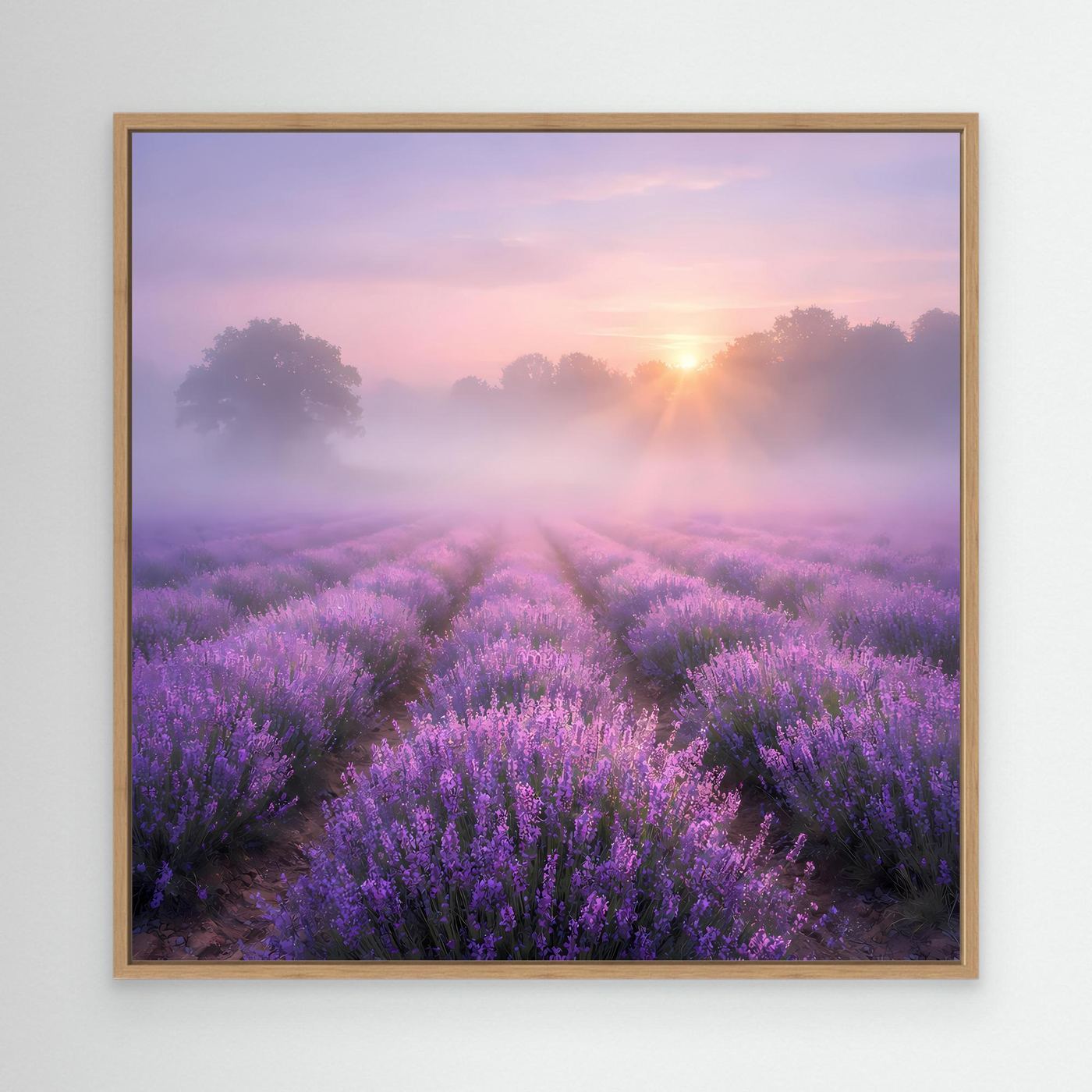 Rechteckiges Leinwandbild mit Lavendelfeld im Nebel und Sonnenaufgang, Eichenrahmen