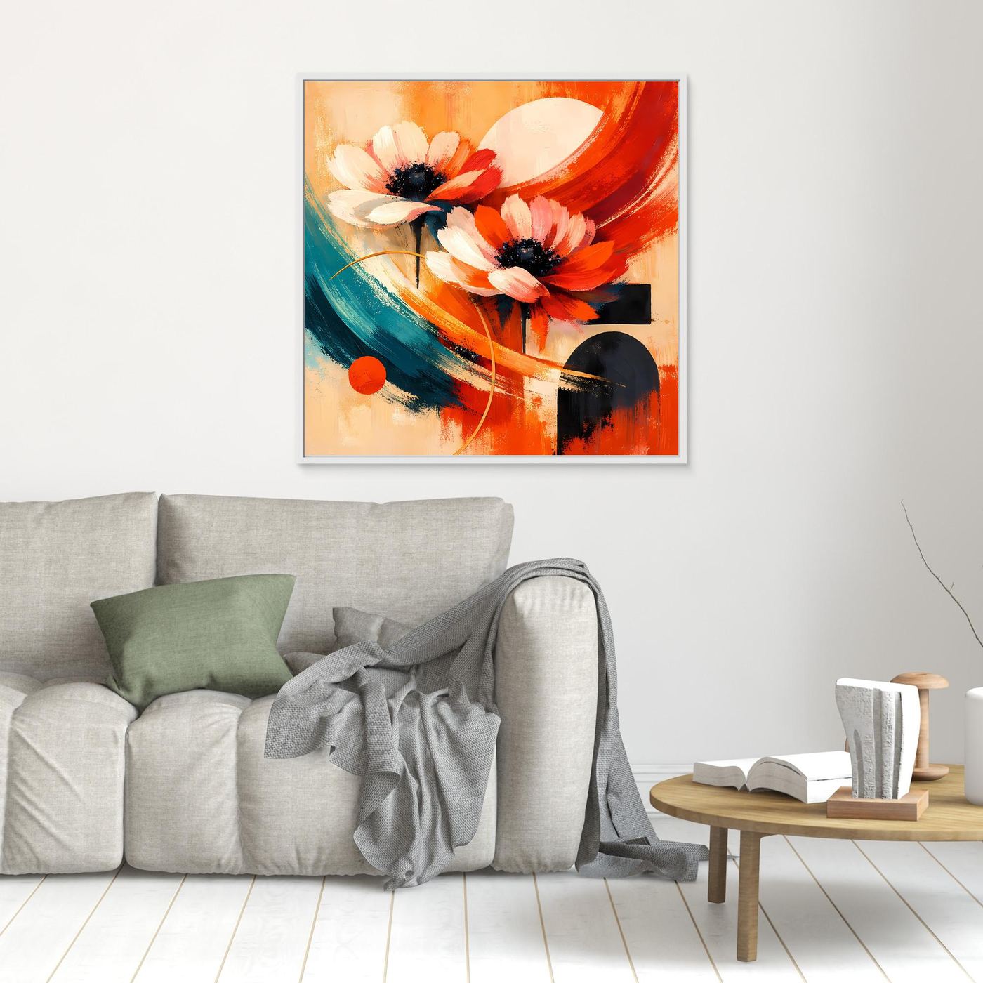 Leinwandbild mit abstrakten Anemonen in Orange/Rot/Türkis, braun gerahmt, mit schwarzen Flächen