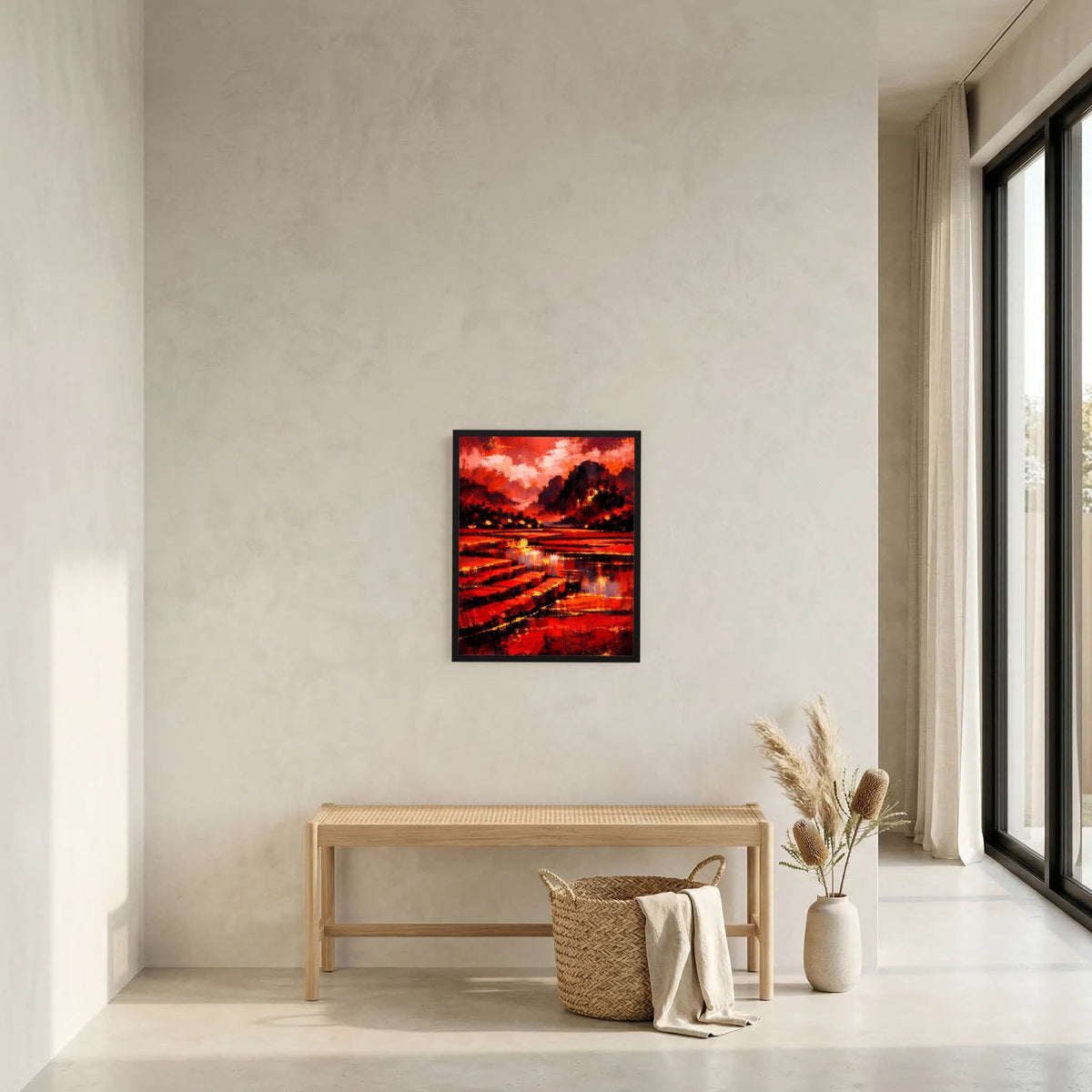 Gerahmtes Kunstposter mit abstrakter Rot-Schwarz-Landschaft, dunklen Bergen und roter Glut