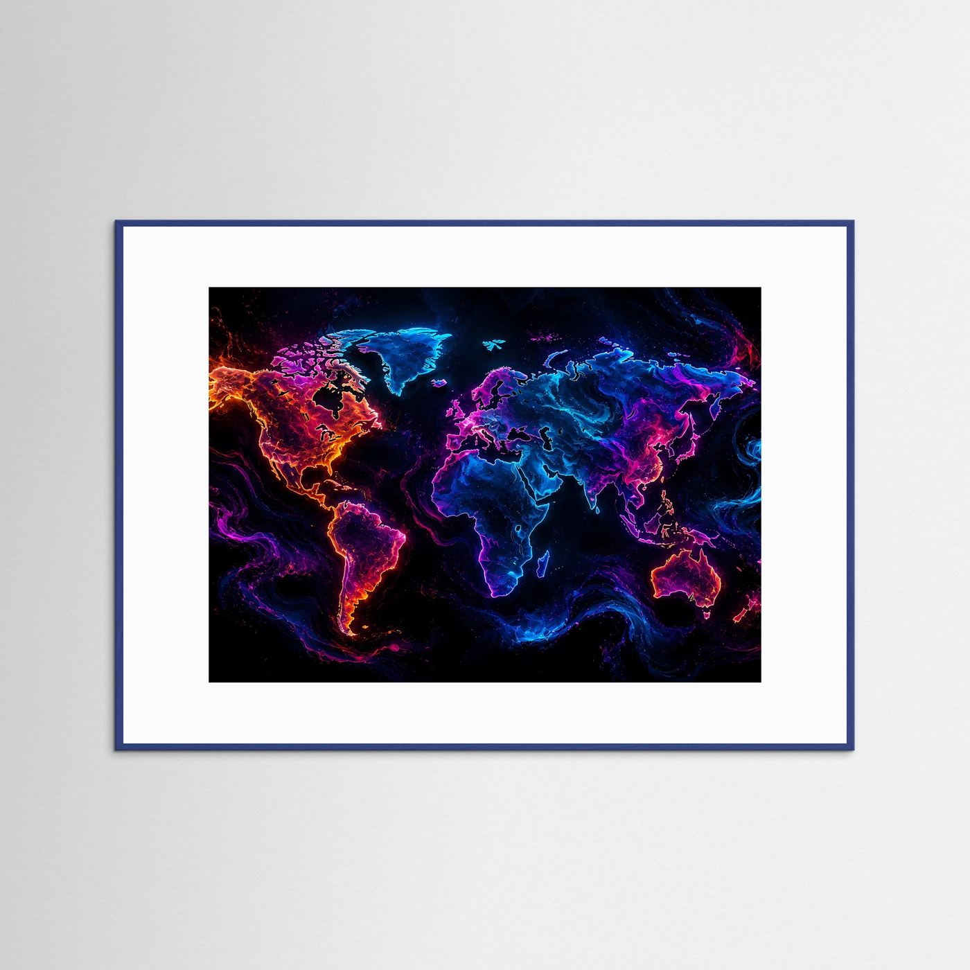Weltkarte Poster | Neon Weltkarte Wandbild | Moderne World Map Kunst | Abstrakte Landkarte | Futuristische Wanddekoration