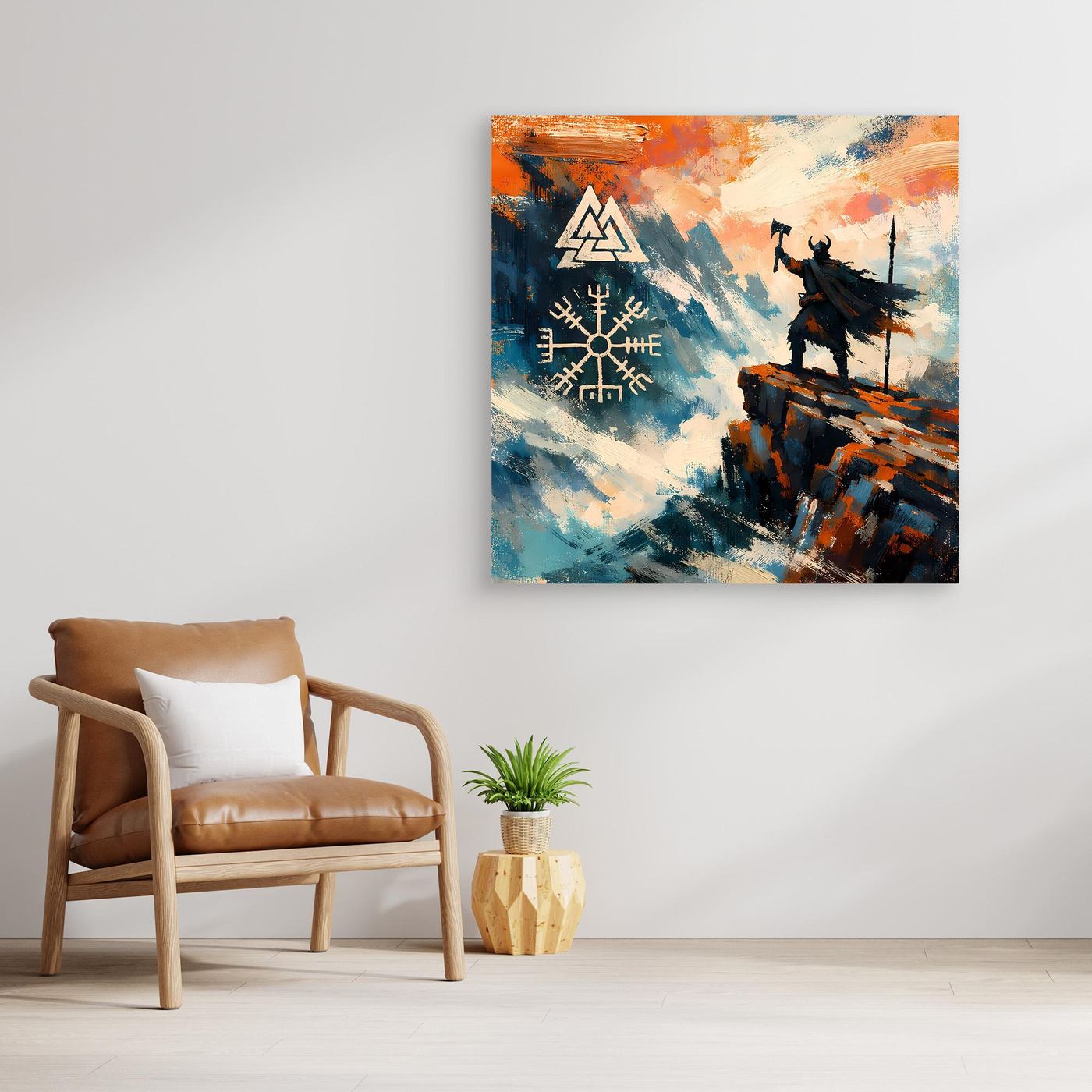 Leinwand-Wandbild mit Wikingermotiv und Vegvisir, Blau-Orange-Farbverlauf ohne Rahmen