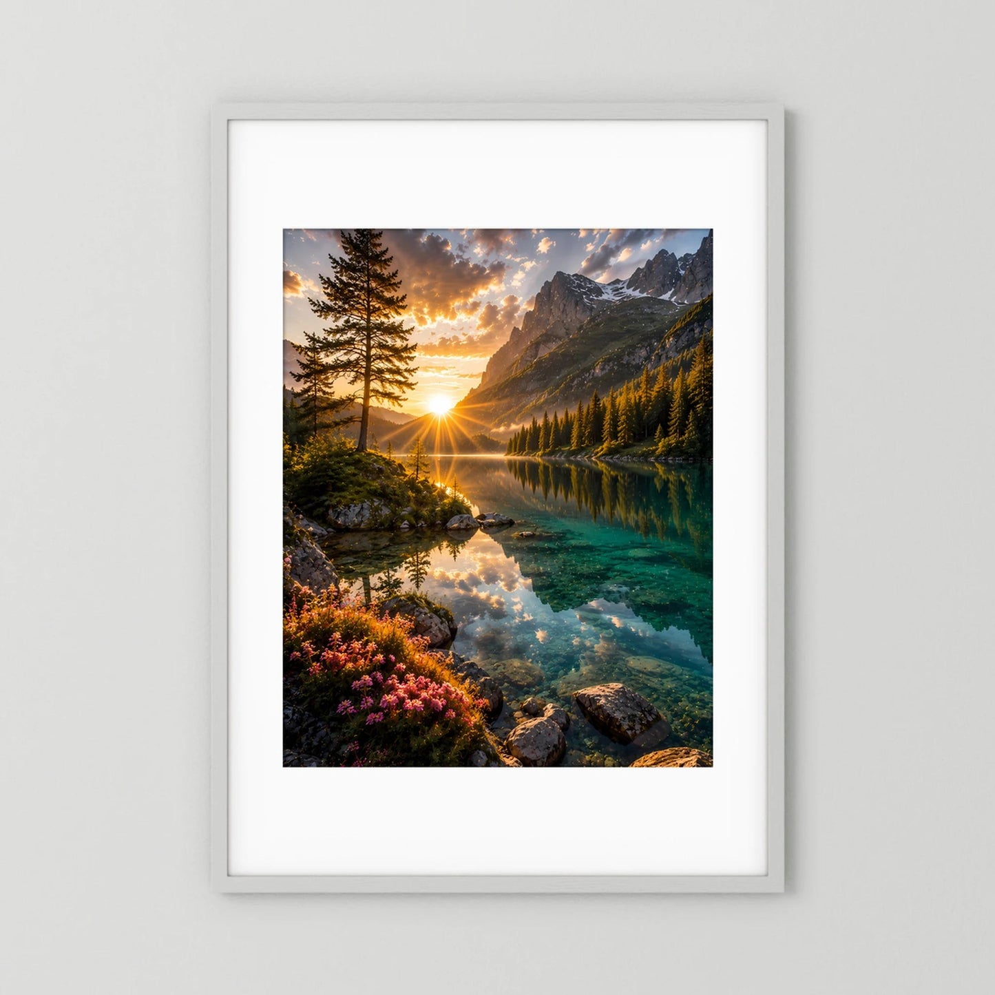 Bergsee im Sonnenuntergang | Alpenlandschaft mit Spiegelung | Poster Hochformat