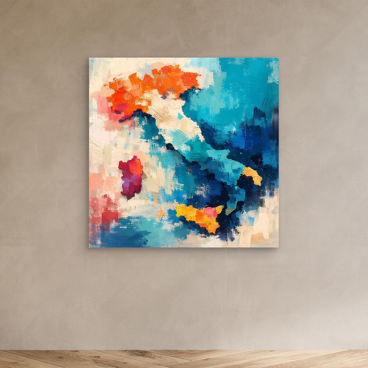 Unframed abstract Italy map wall canvas with blue and orange paint accents