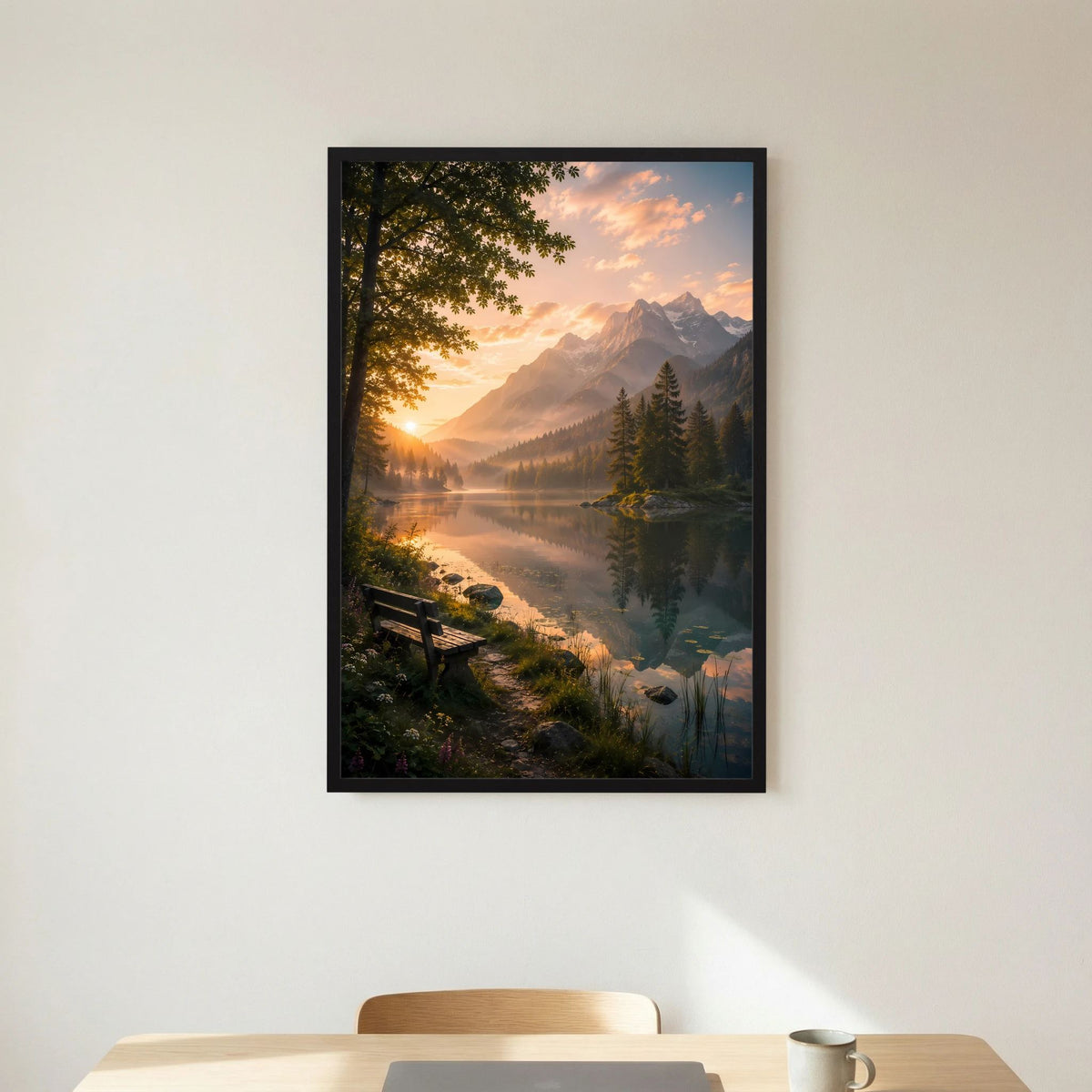 Bergsee im Sonnenuntergang | Ruhige Alpenlandschaft mit Sitzbank | Poster Hochformat
