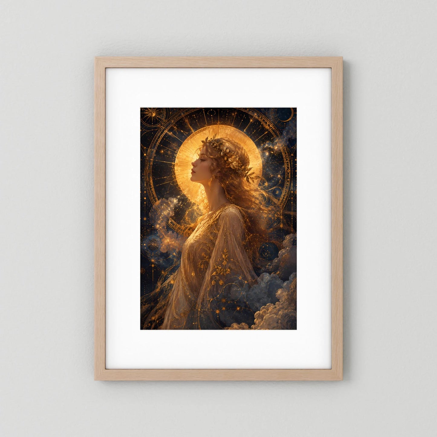 Poster im Hochformat mit goldener Frau im Profil, Sonne, Mond und Sternen, Holzrahmen