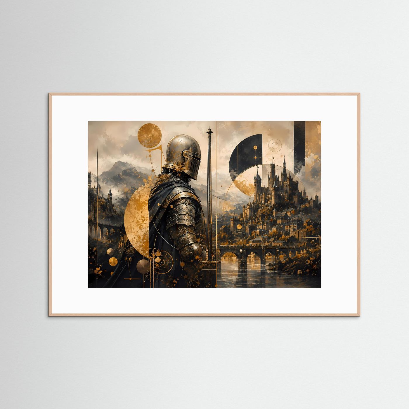 Mittelalterlicher Ritter vor Burg | Mystische Schwarz-Gold Kunst