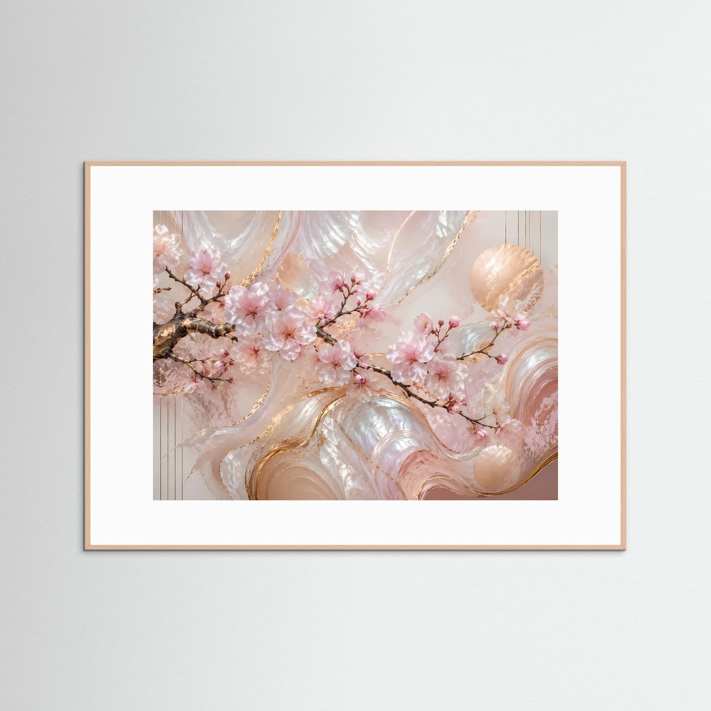 Querformat-Poster mit abstrakten Sakura-Blüten in Rosa und Gold, honigfarben gerahmt