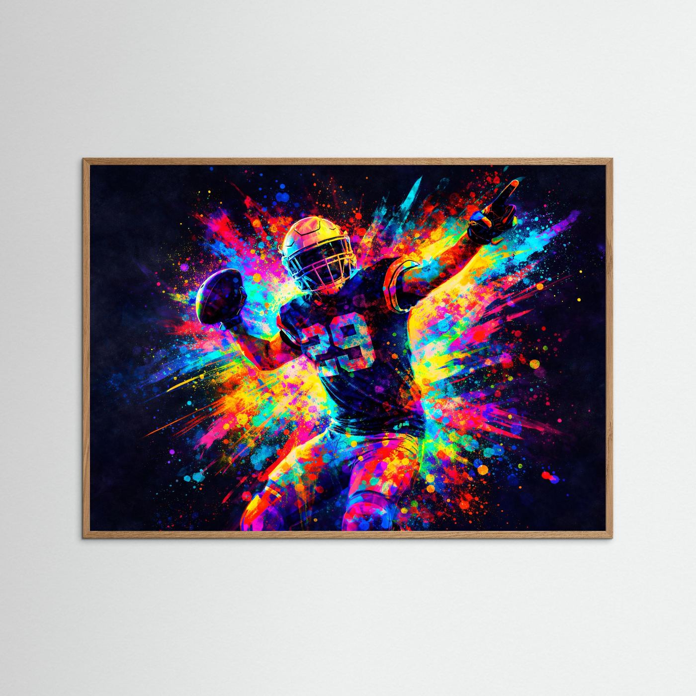 Neon-Poster mit Quarterback im Sprung, Regenbogen-Licht, heller Holzrahmen
