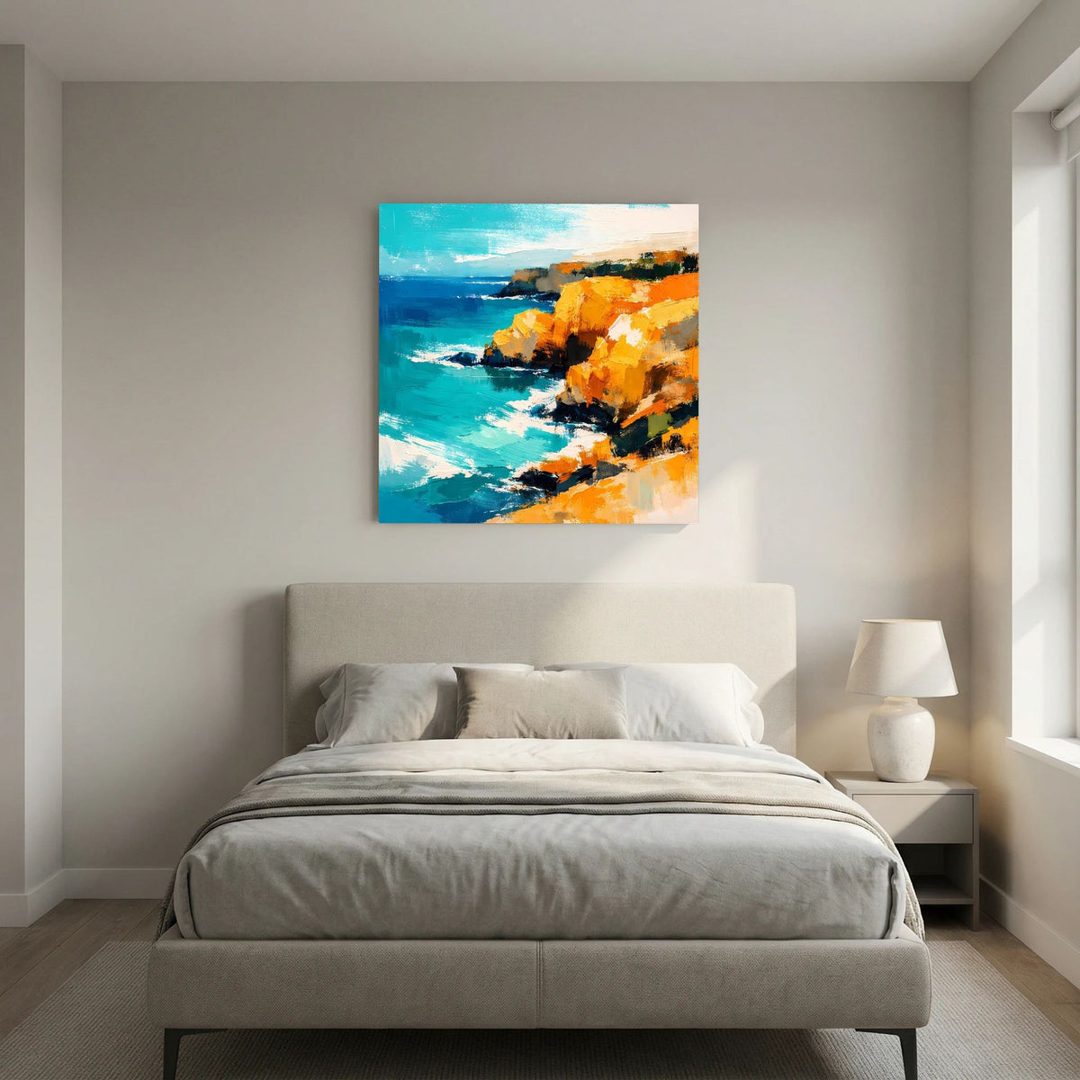 Leinwand Abstraktes Steilküsten Gemälde | Modernes Mediterranes Meeres Wandbild Blau Gelb