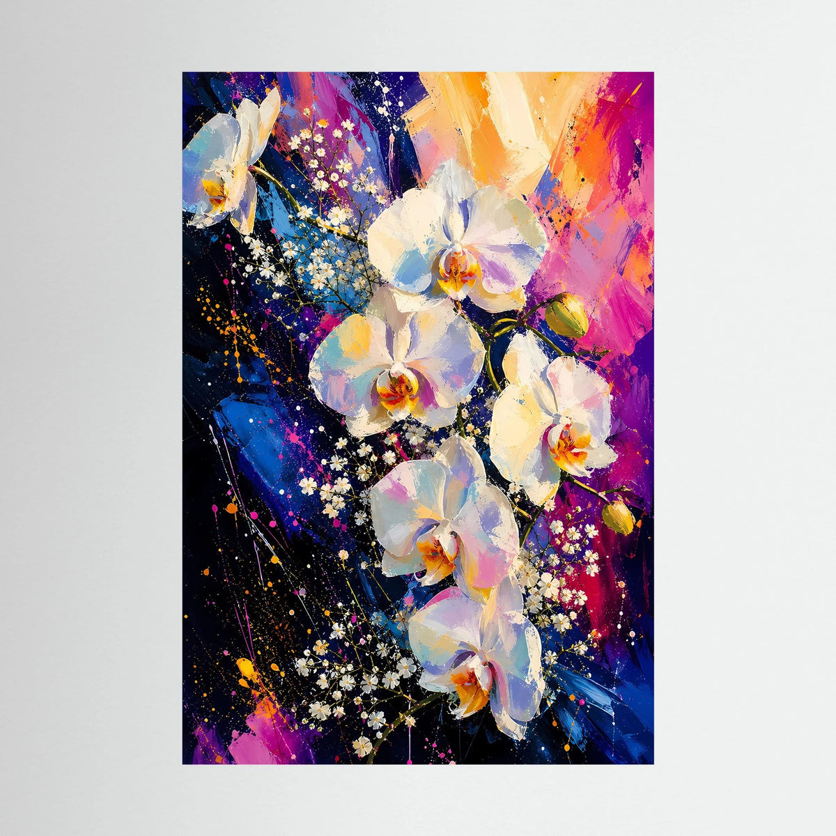 Unge rahmtes Poster mit abstrakten weißen Orchideen in Pink, Blau und Gold