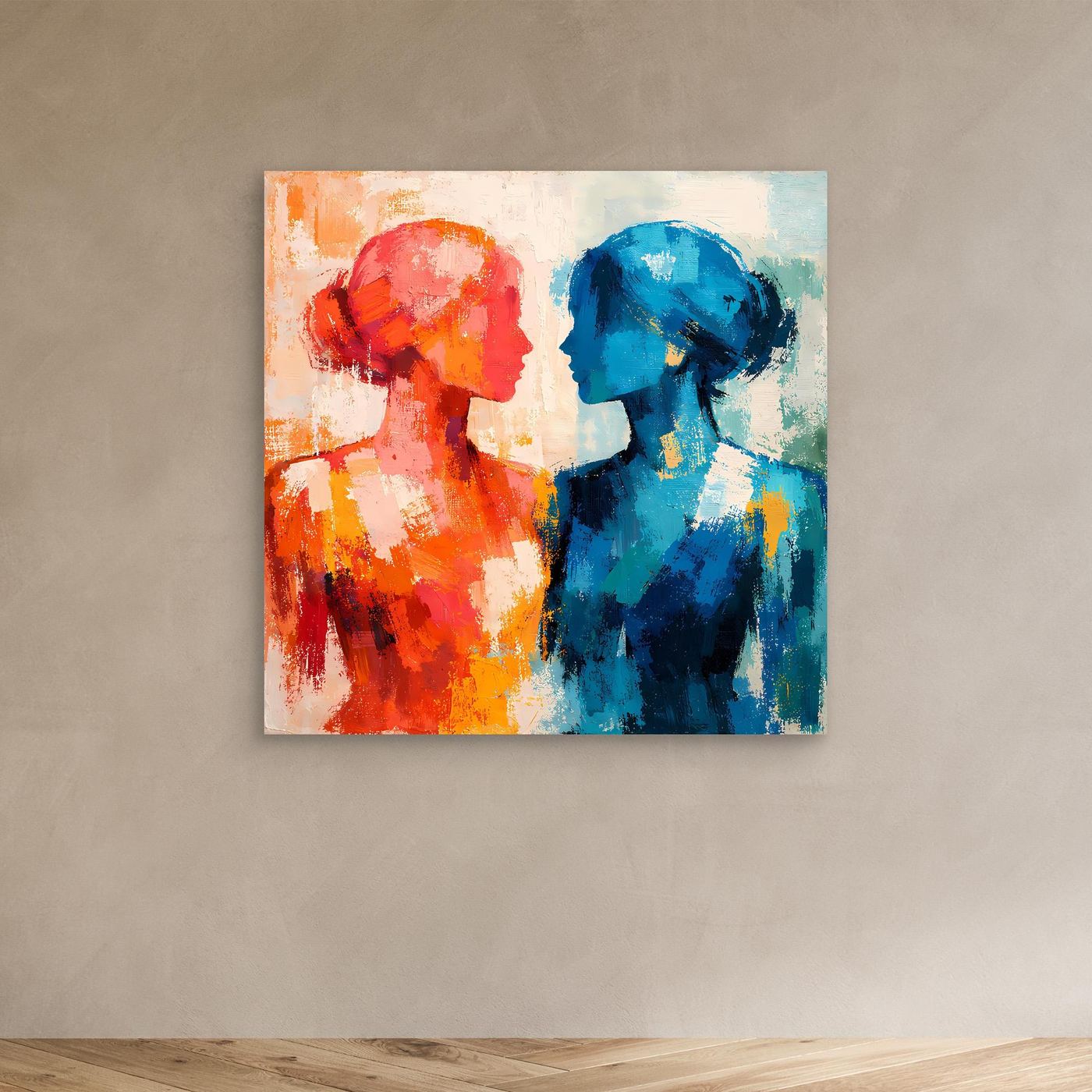 Wandbild mit abstraktem Porträtpaar: rote und blaue Silhouetten im Profil, ohne Rahmen