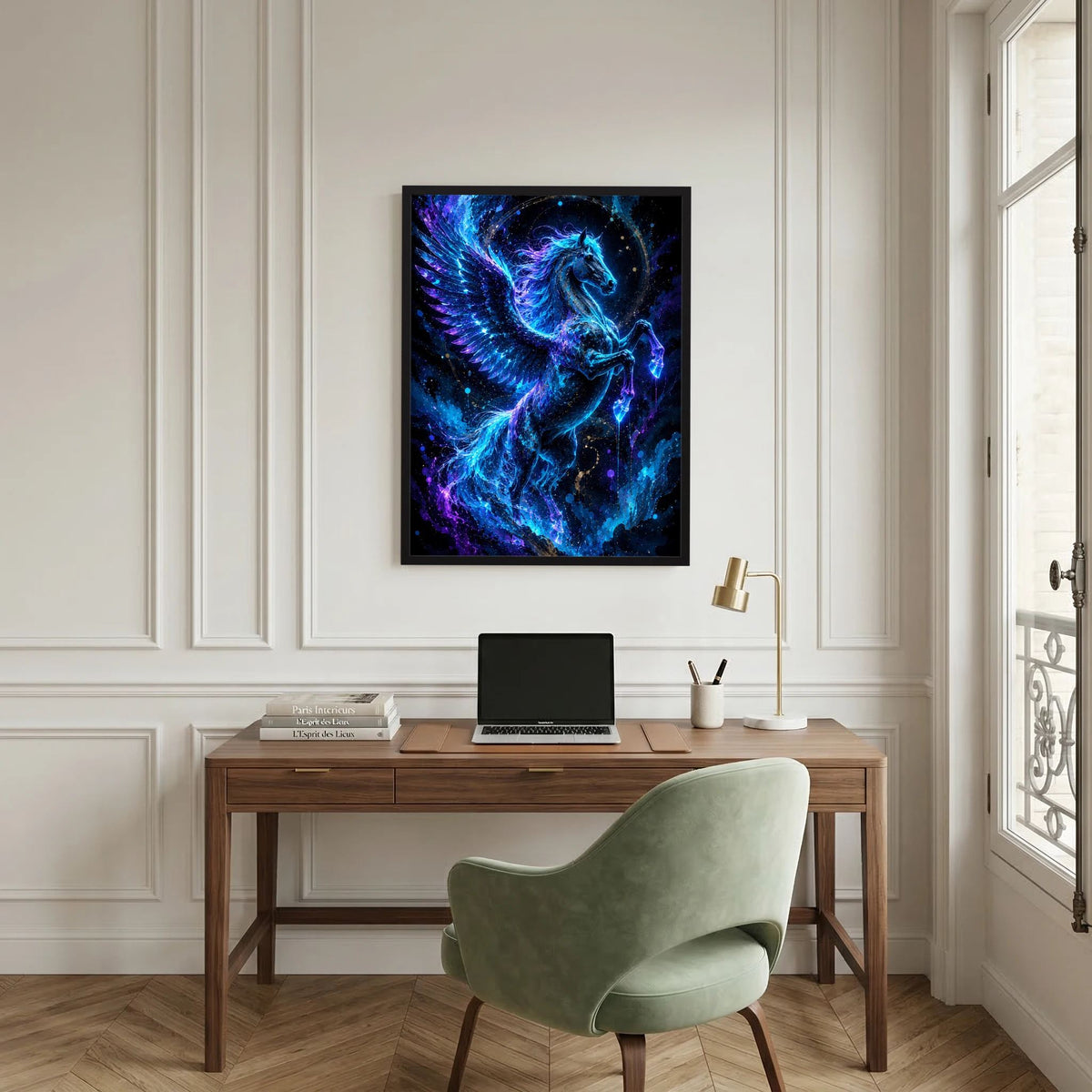 Gerahmtes Poster mit Pegasus im Neonblau, flammende Flügel und Sternenpunkte